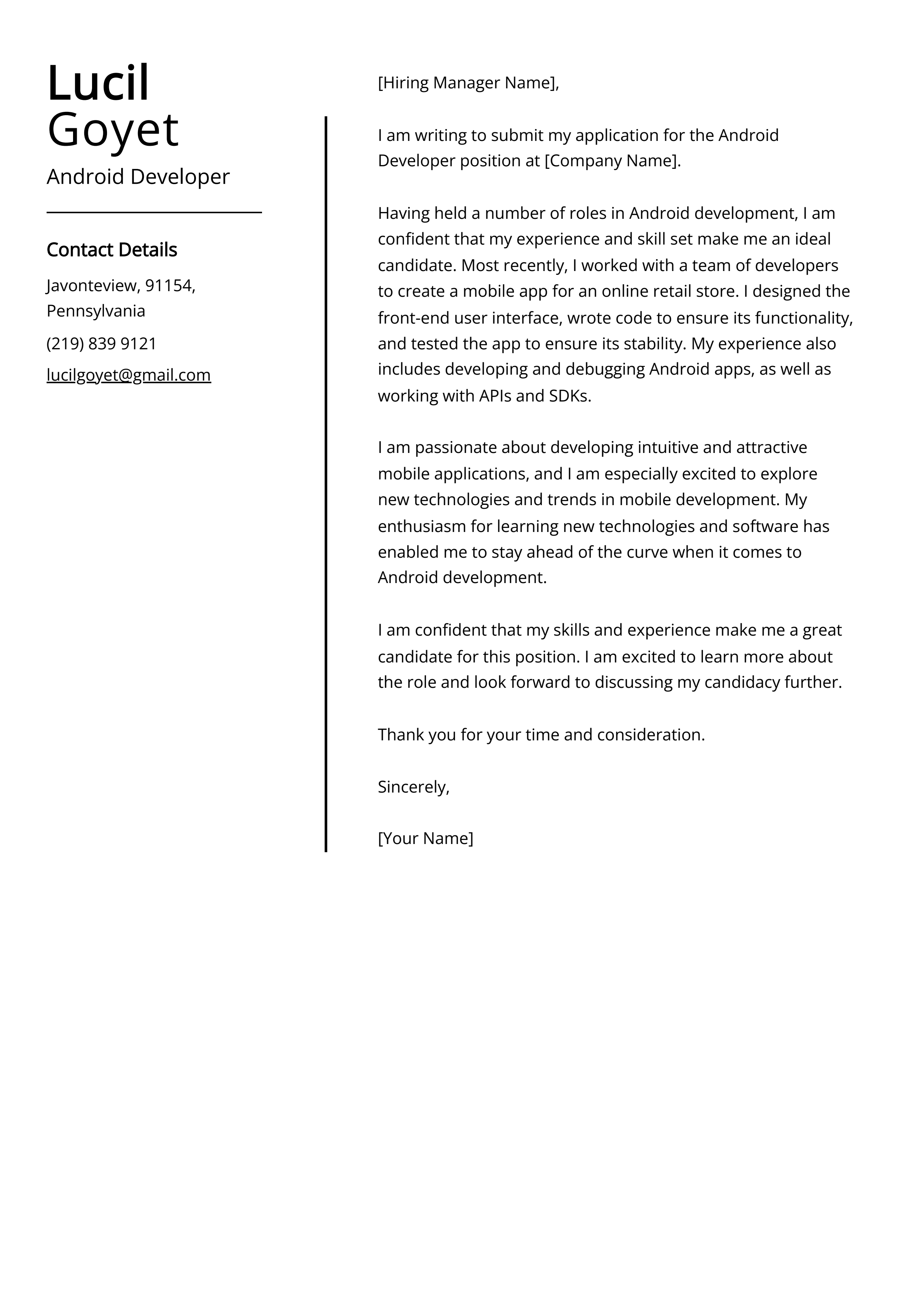 Android Developer Cover Letter Example