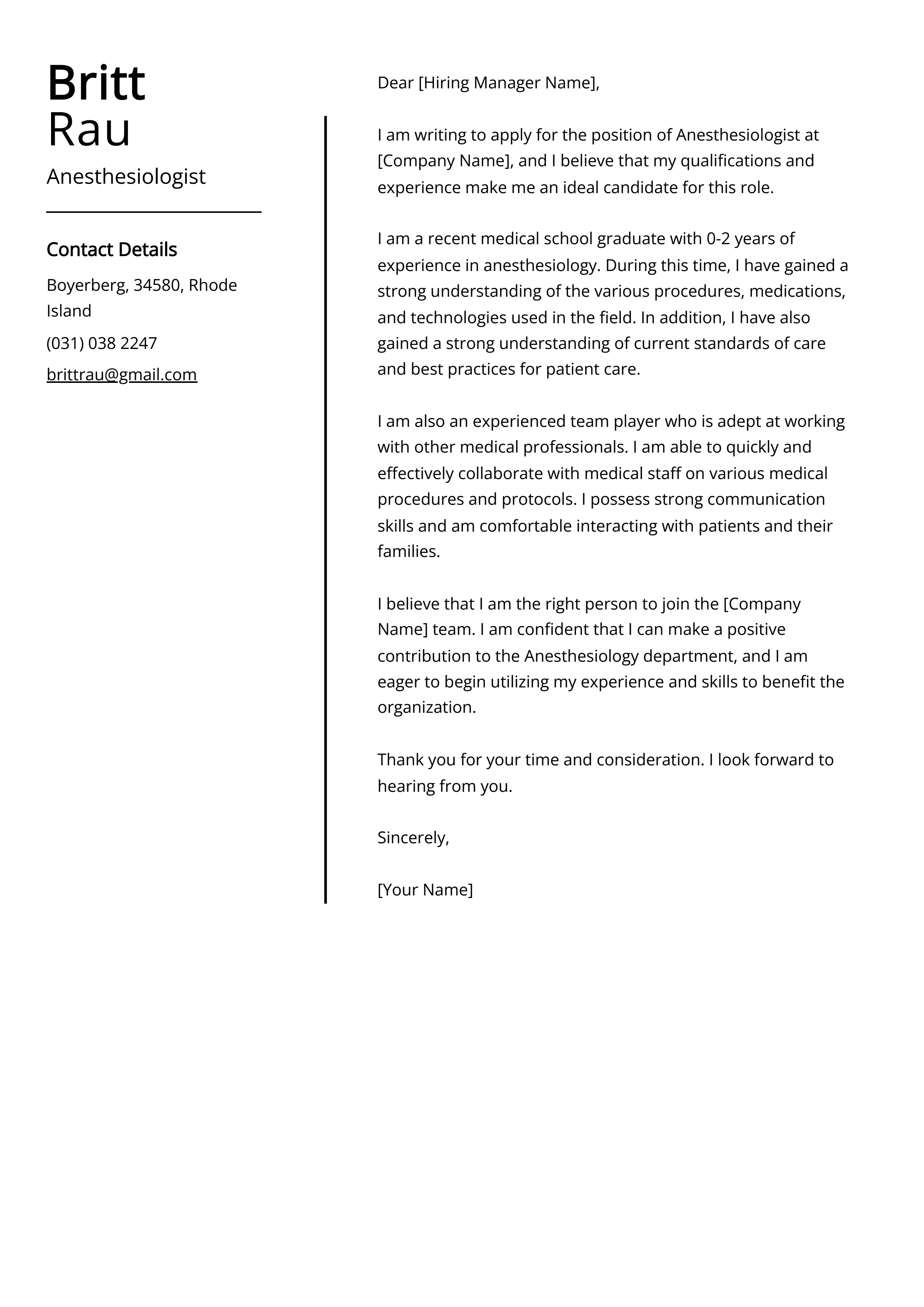Anesthesiologist Cover Letter Example