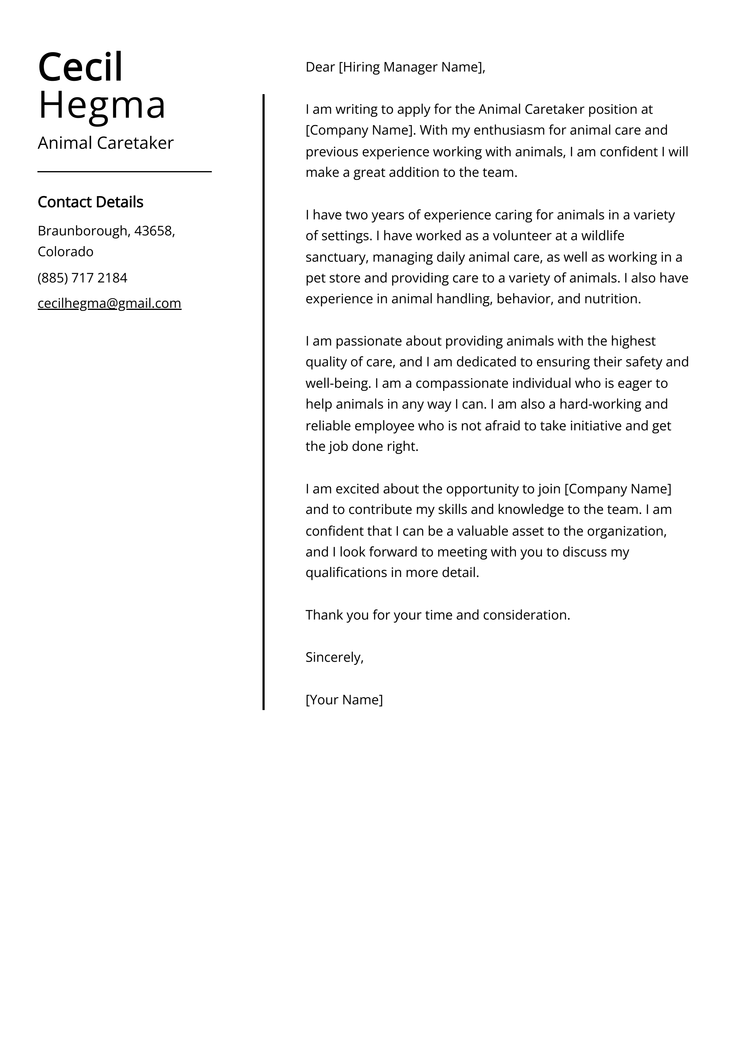 Animal Caretaker Cover Letter Example