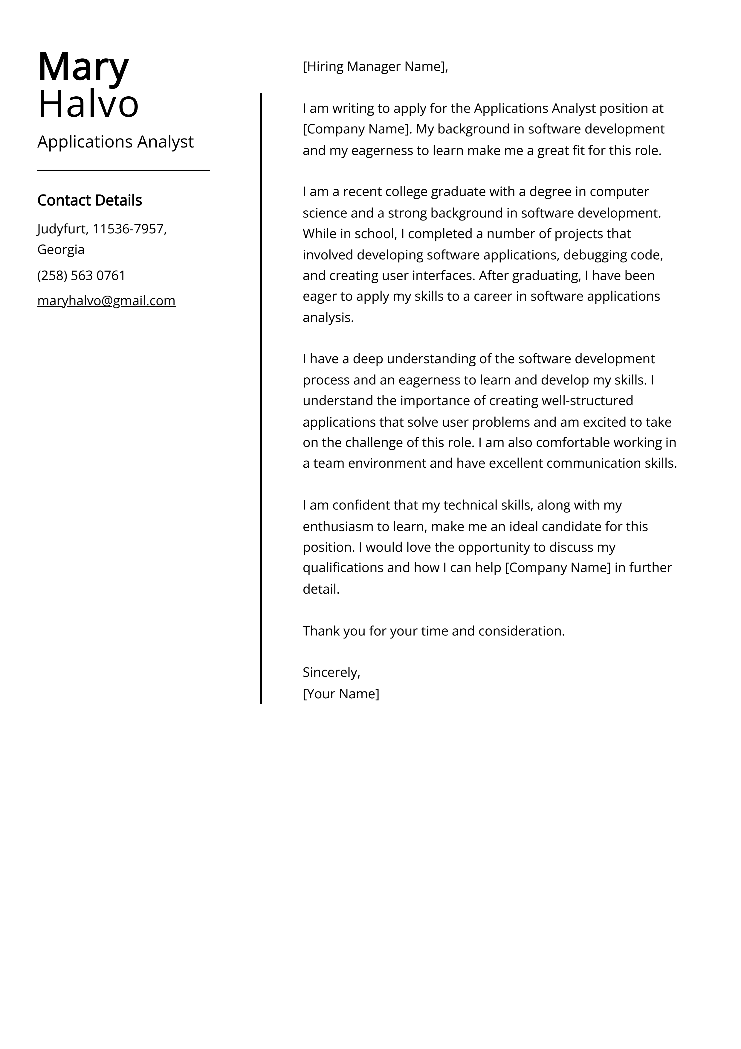 Applications Analyst Cover Letter Example