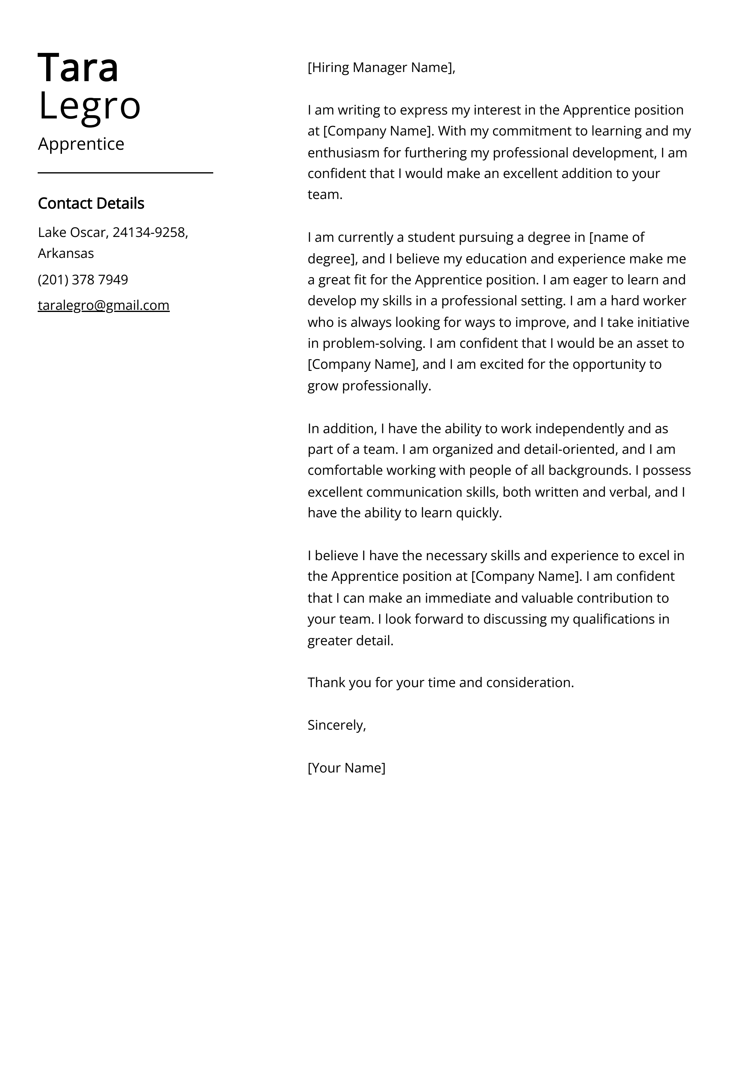 Apprentice Cover Letter Example