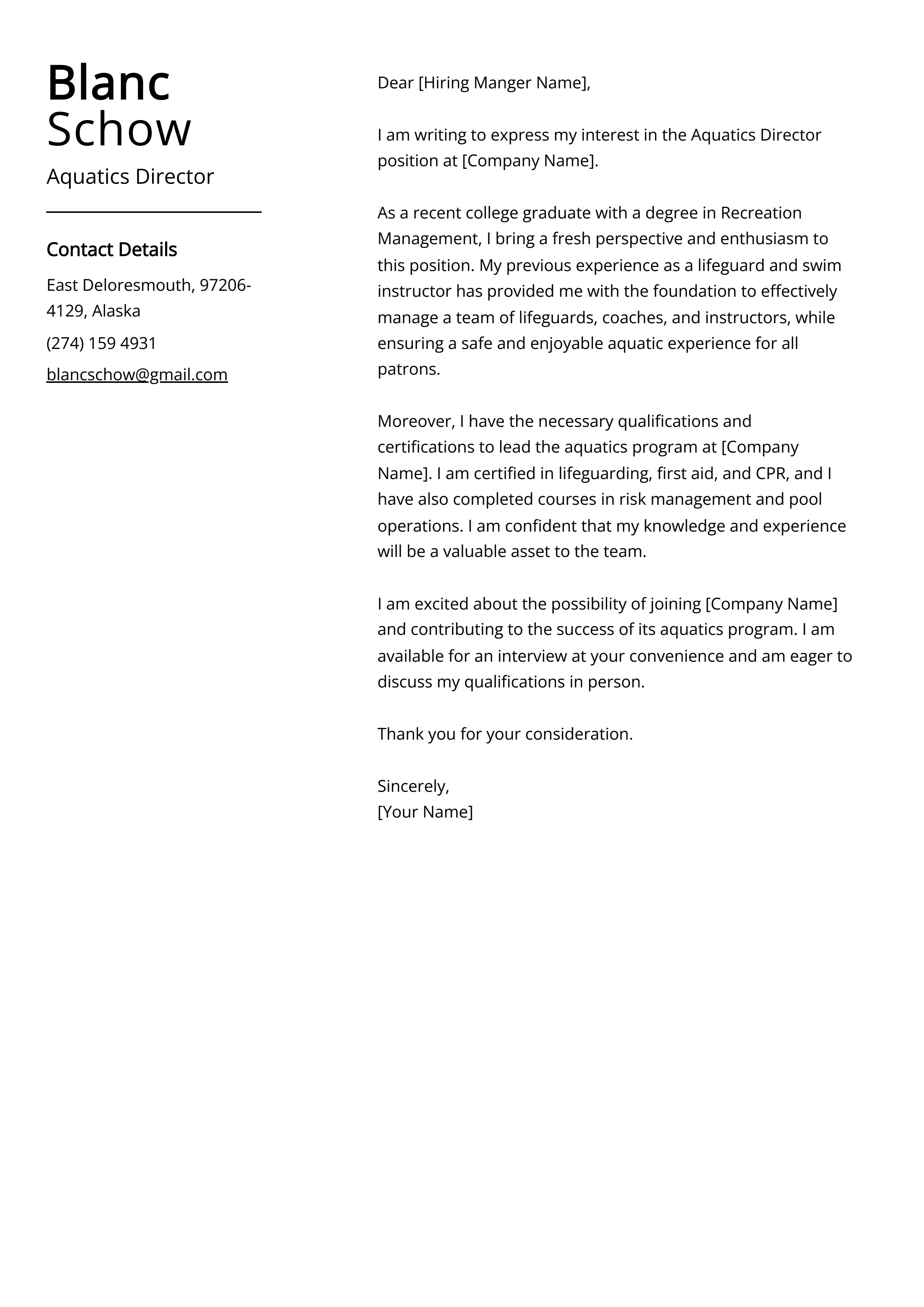 Aquatics Director Cover Letter Example