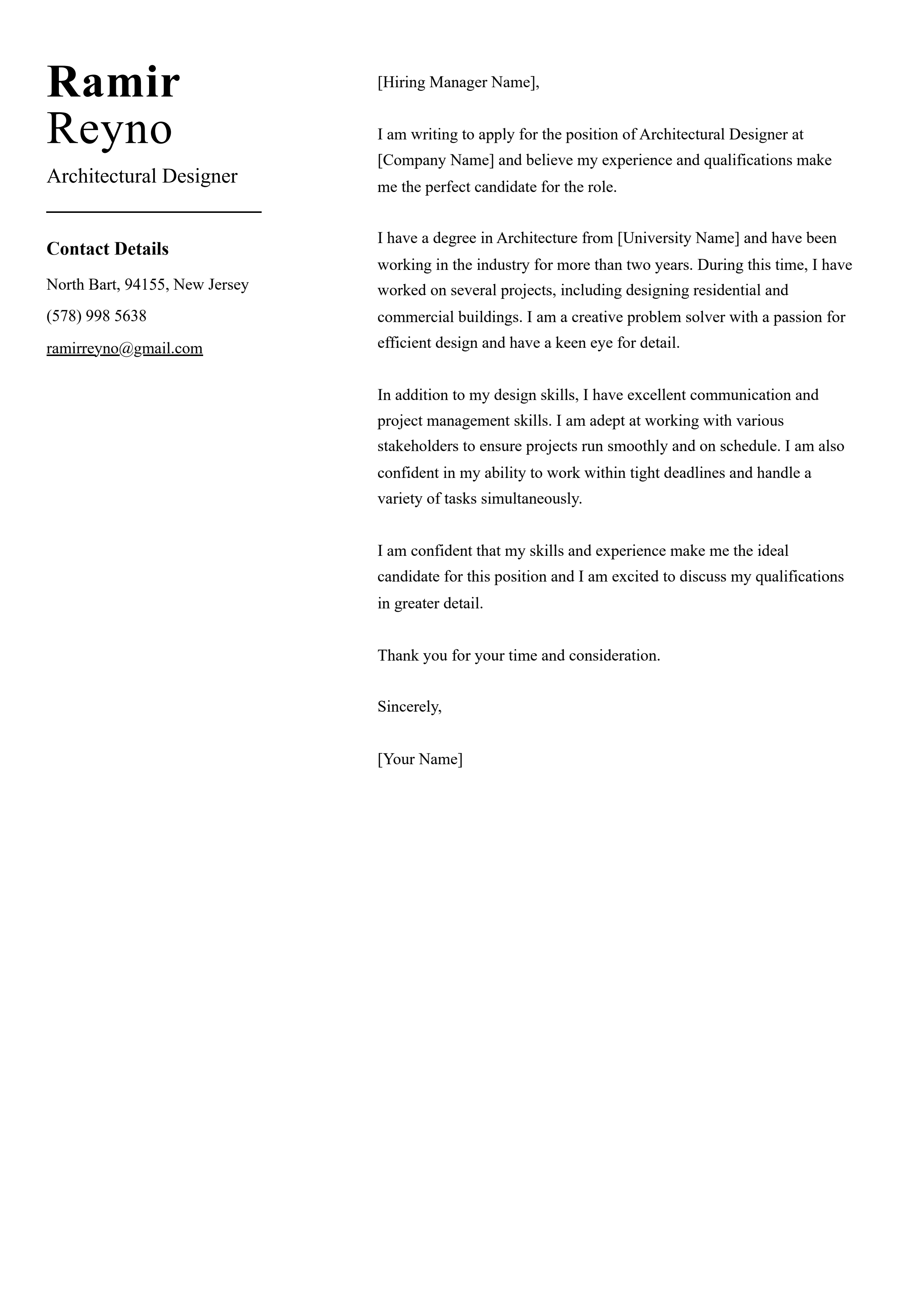 Architectural Designer Cover Letter Example