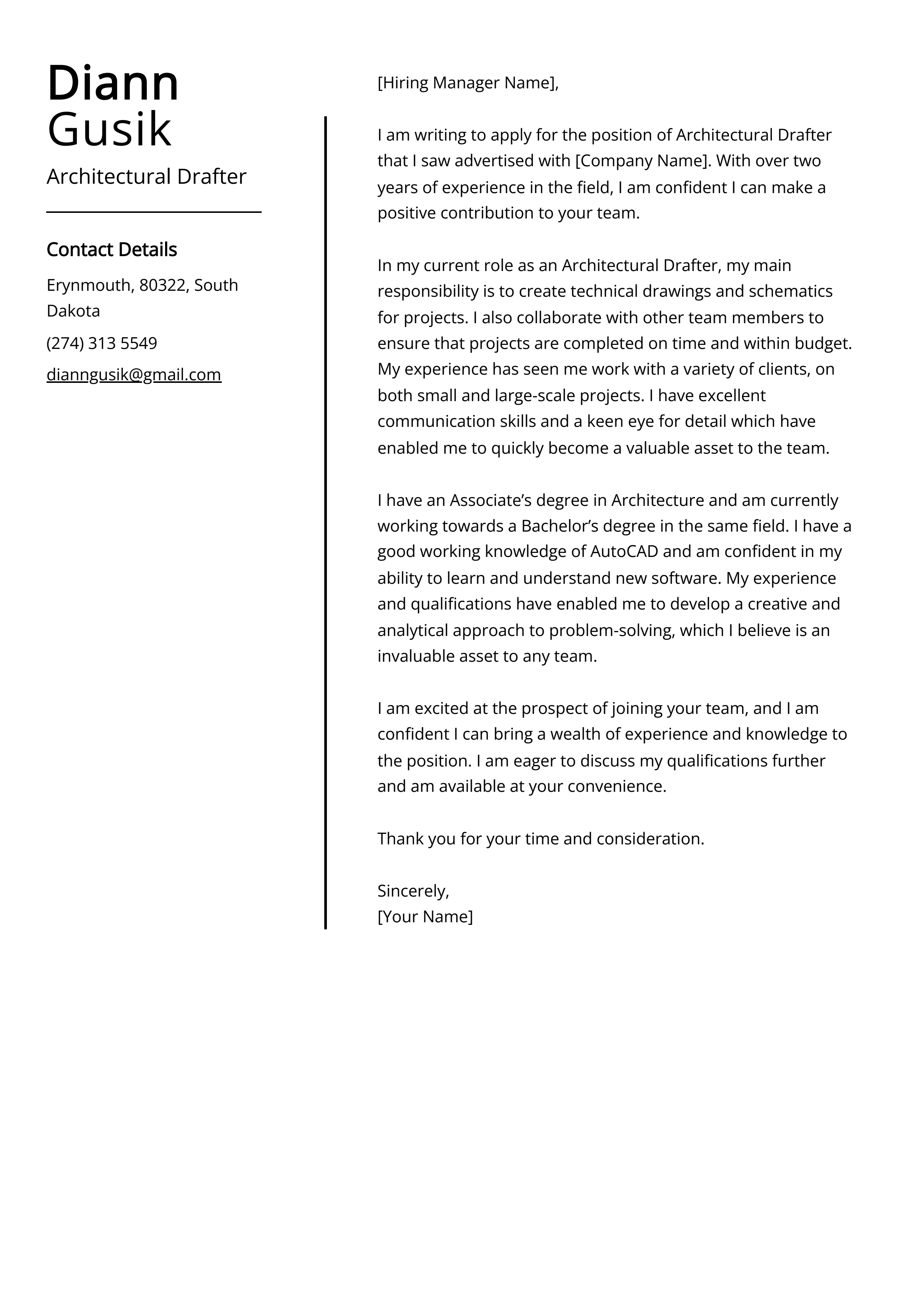 Architectural Drafter Cover Letter Example