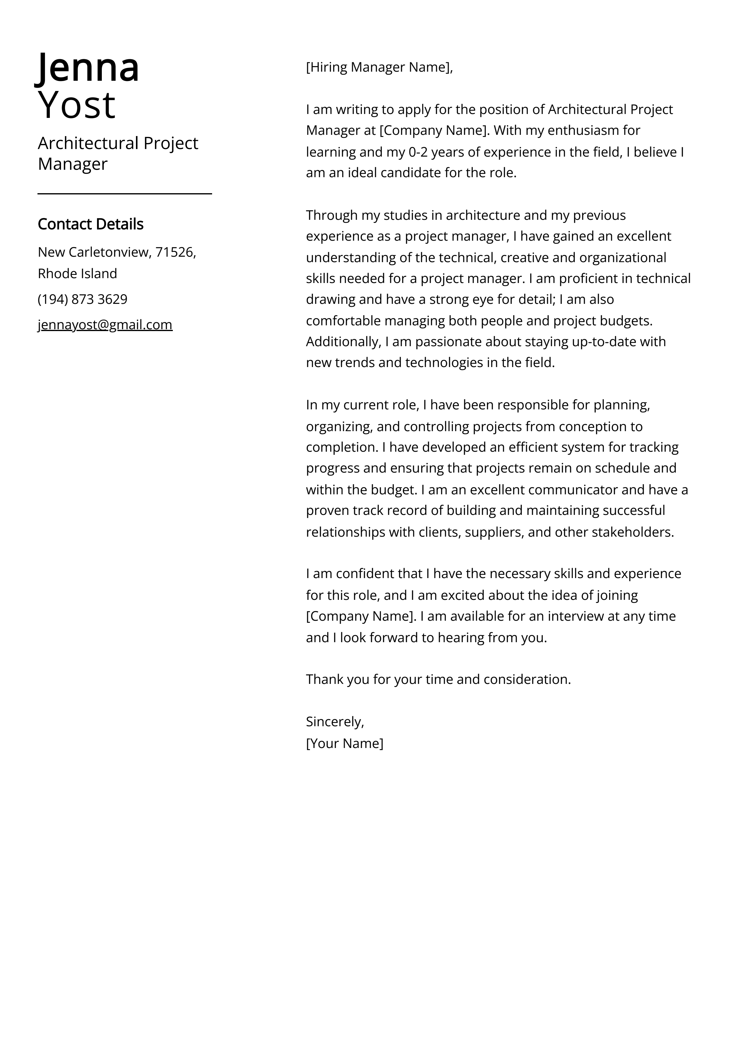 Architectural Project Manager Cover Letter Example