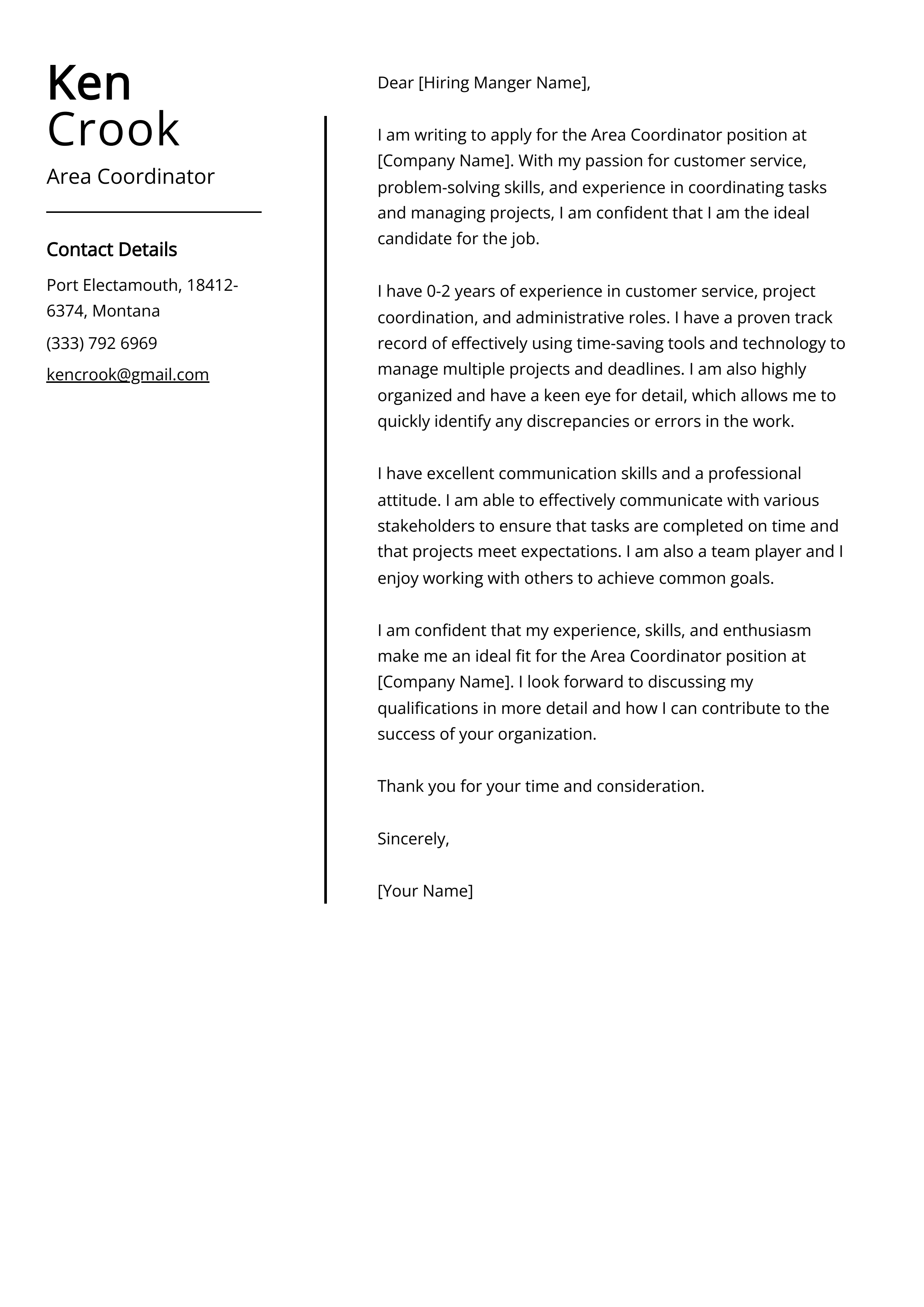 Area Coordinator Cover Letter Example