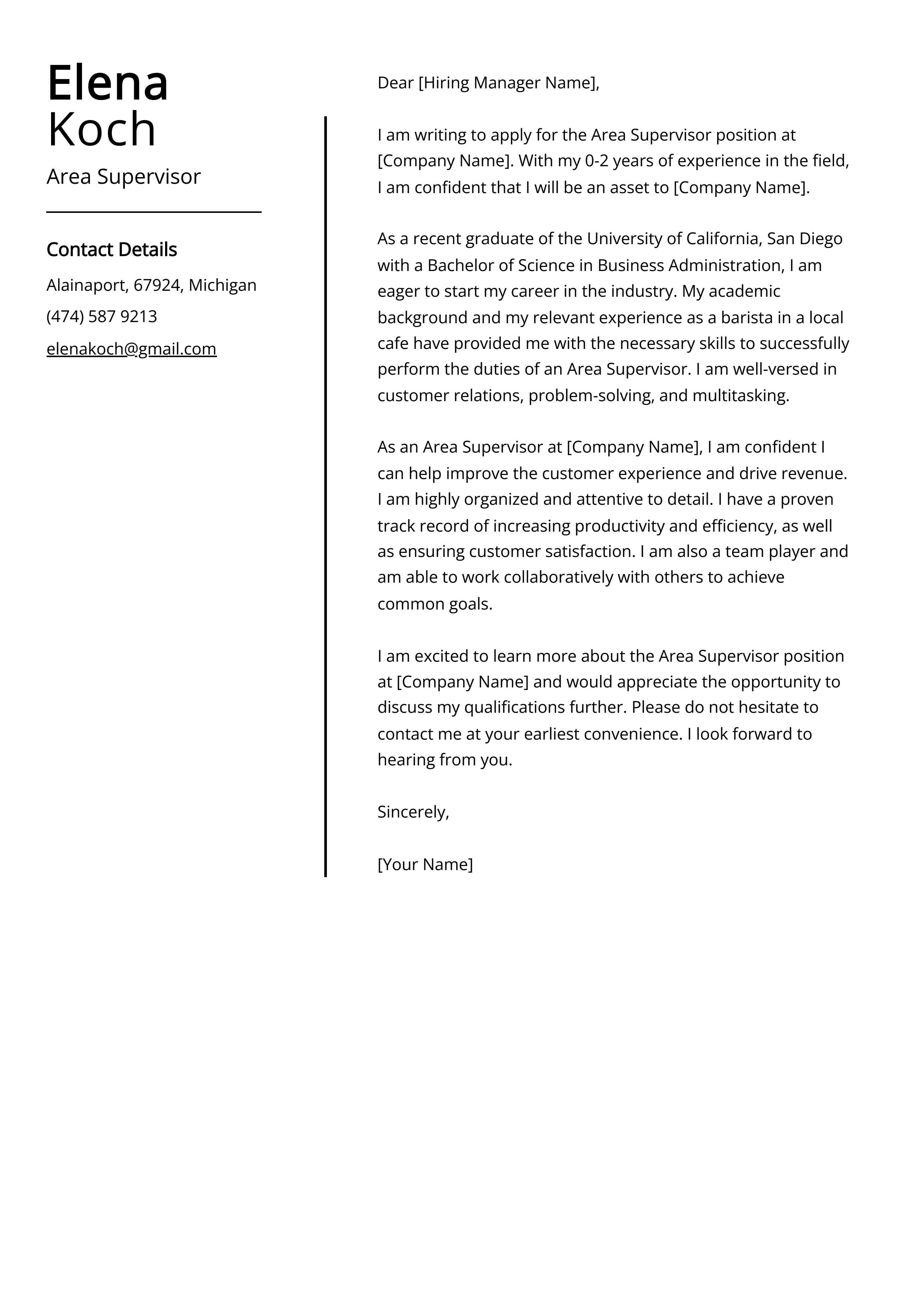 Area Supervisor Cover Letter Example