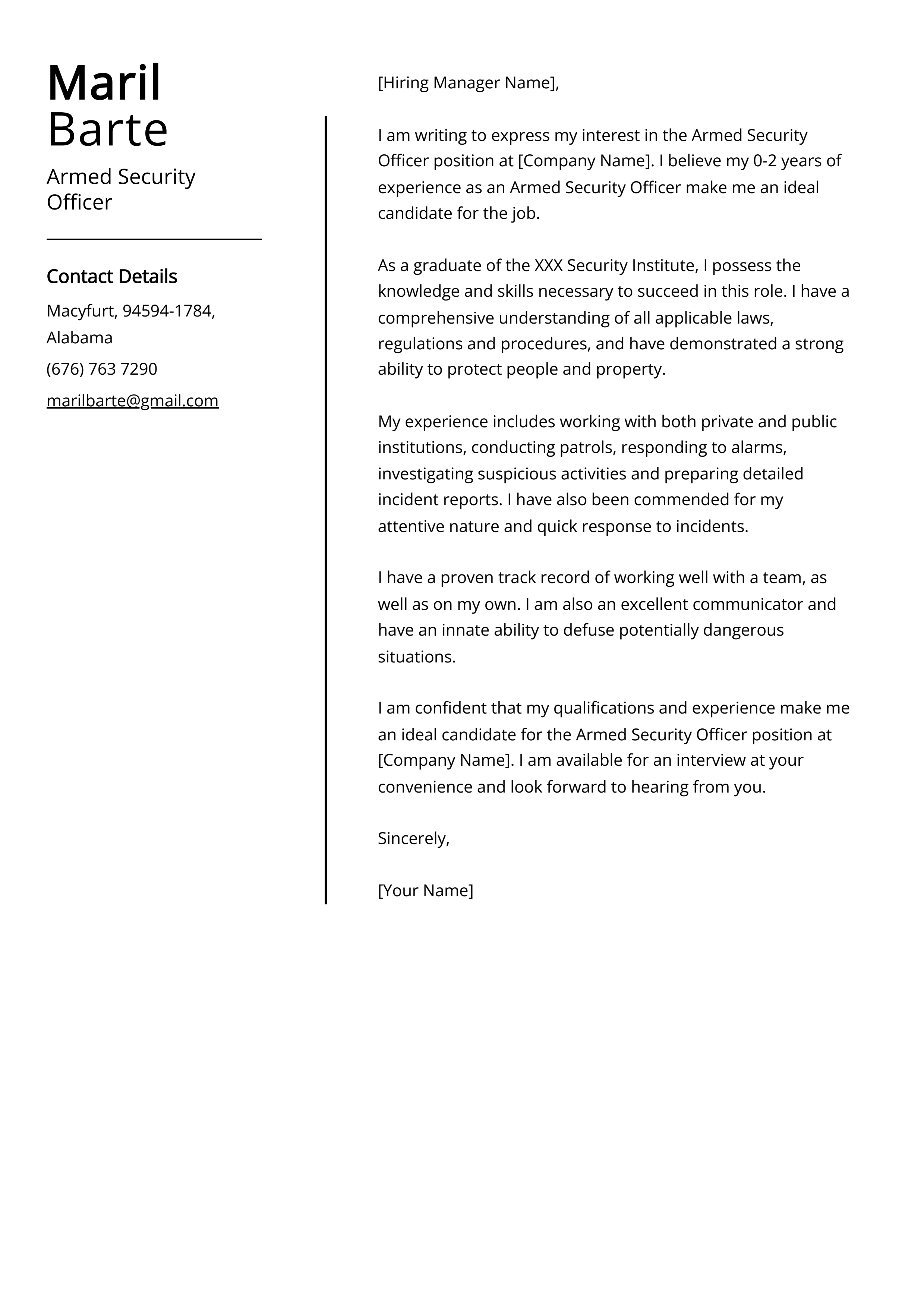 Armed Security Officer Cover Letter Example