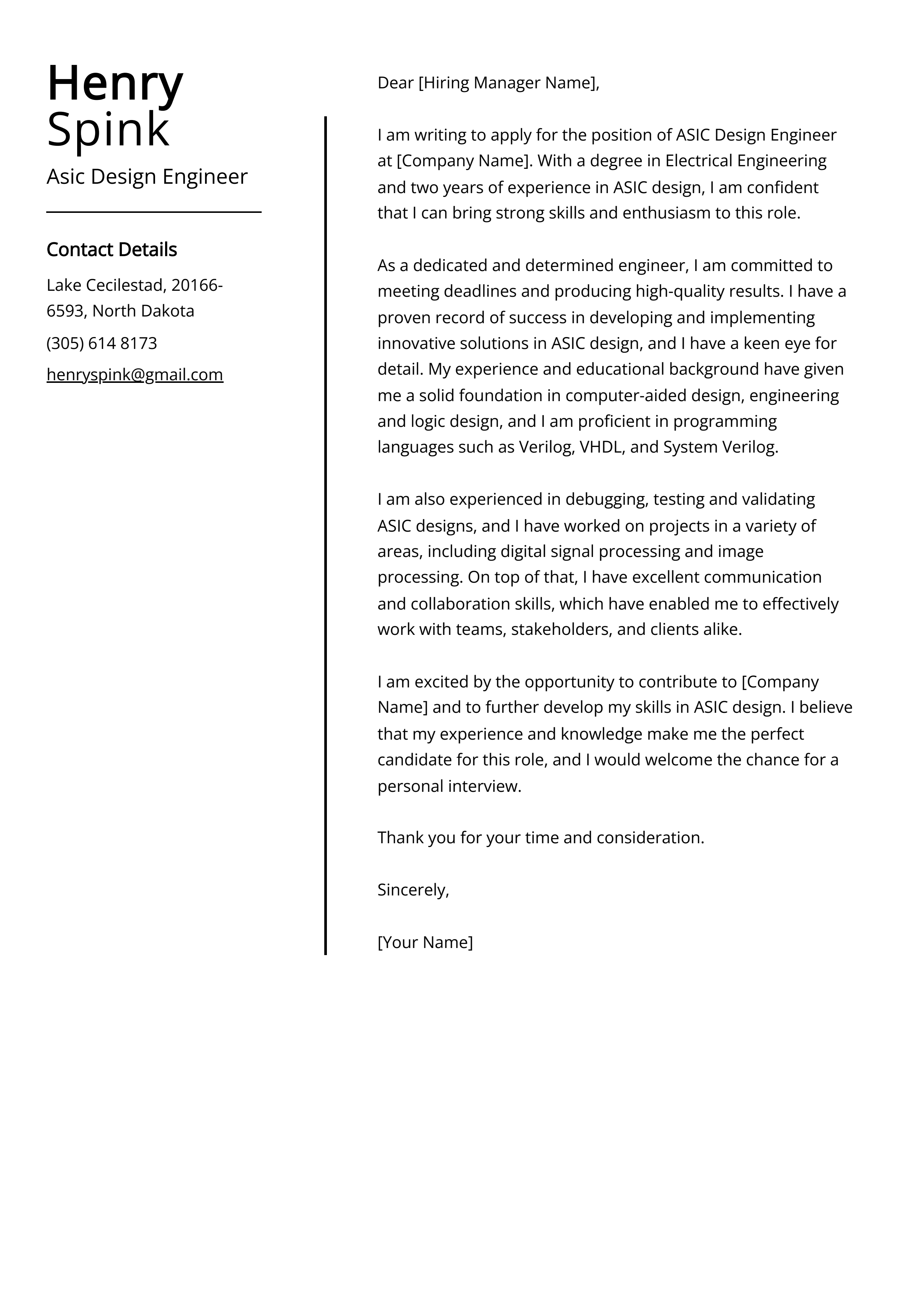 Asic Design Engineer Cover Letter Example