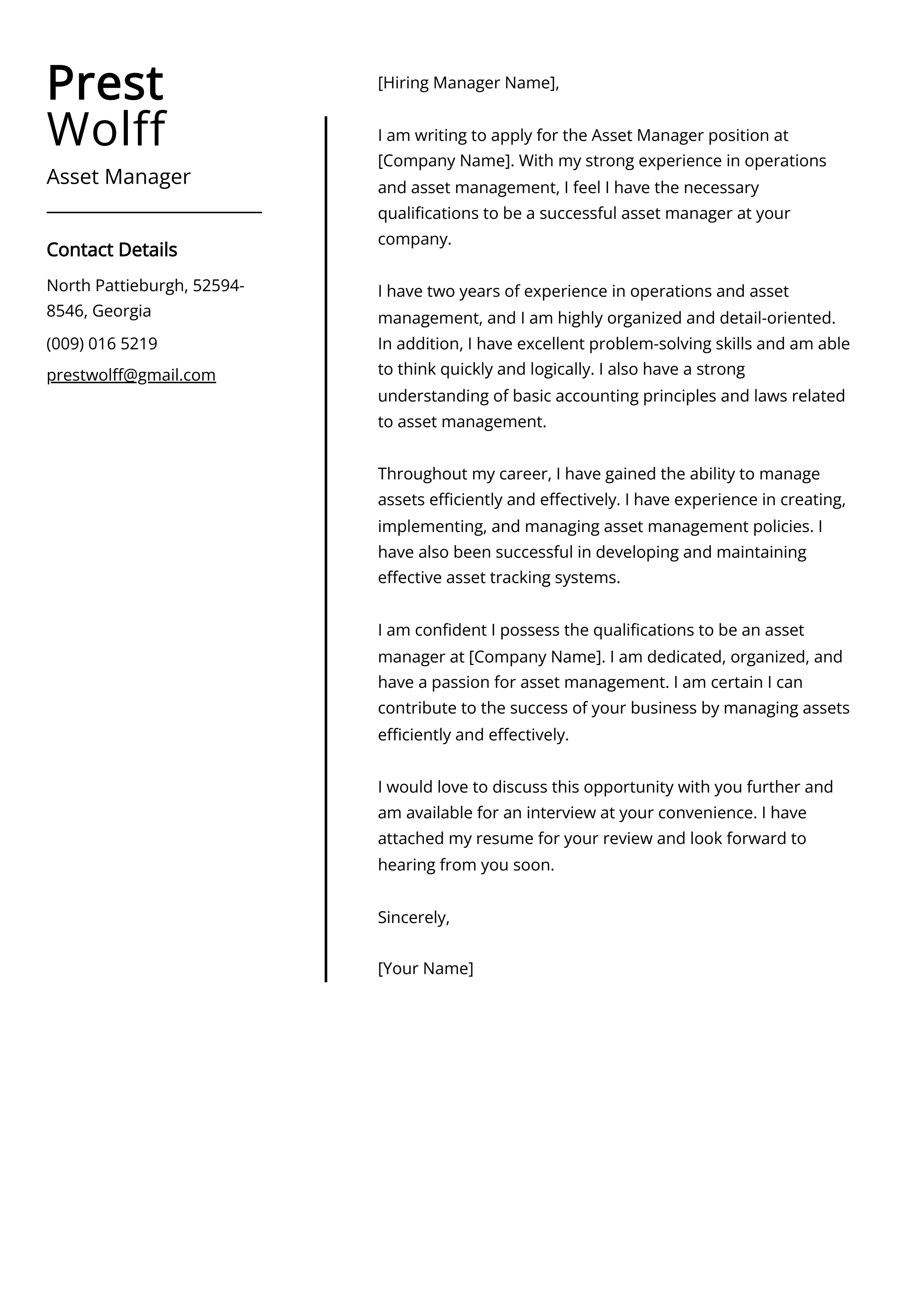 Asset Manager Cover Letter Example