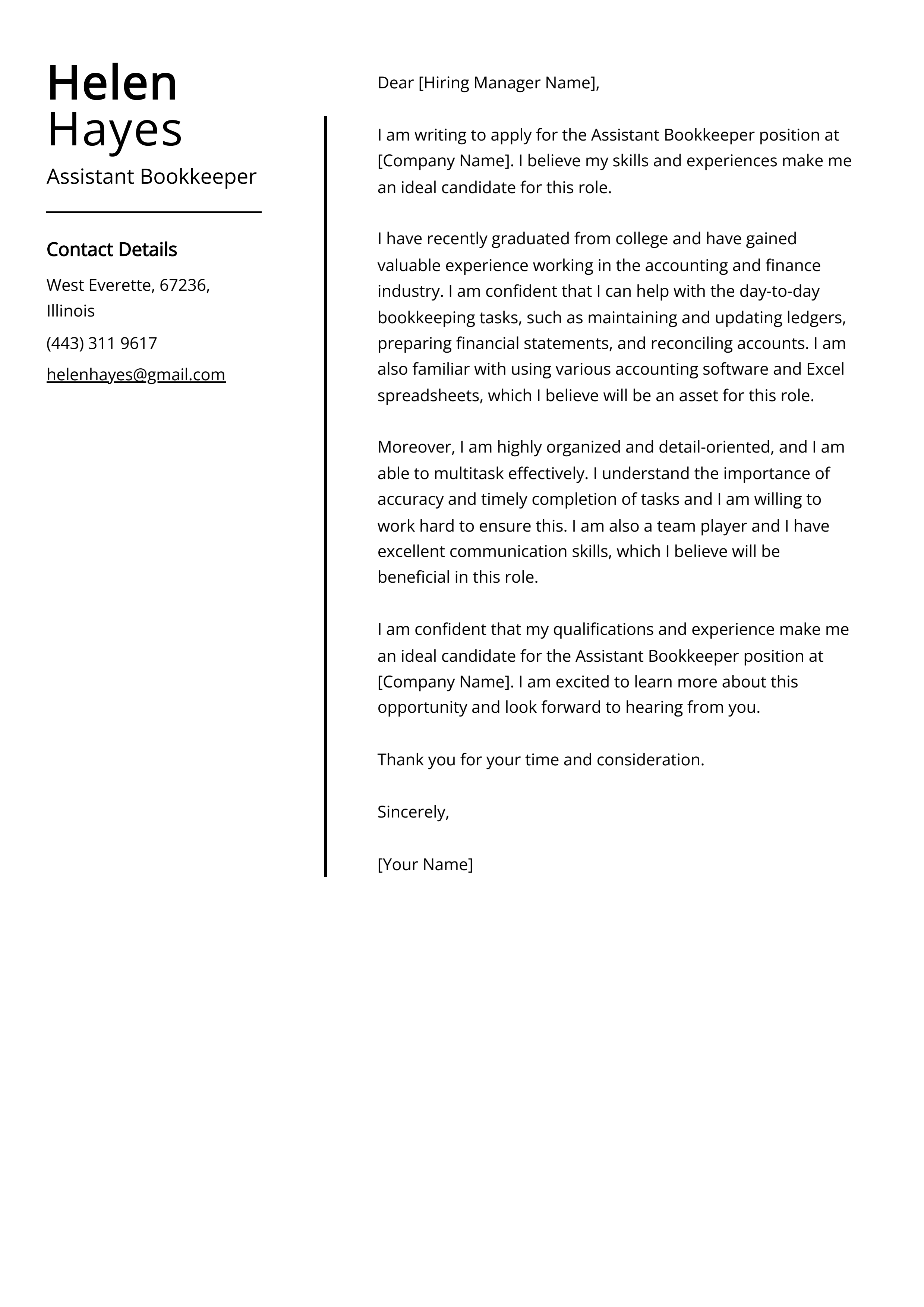 Assistant Bookkeeper Cover Letter Example