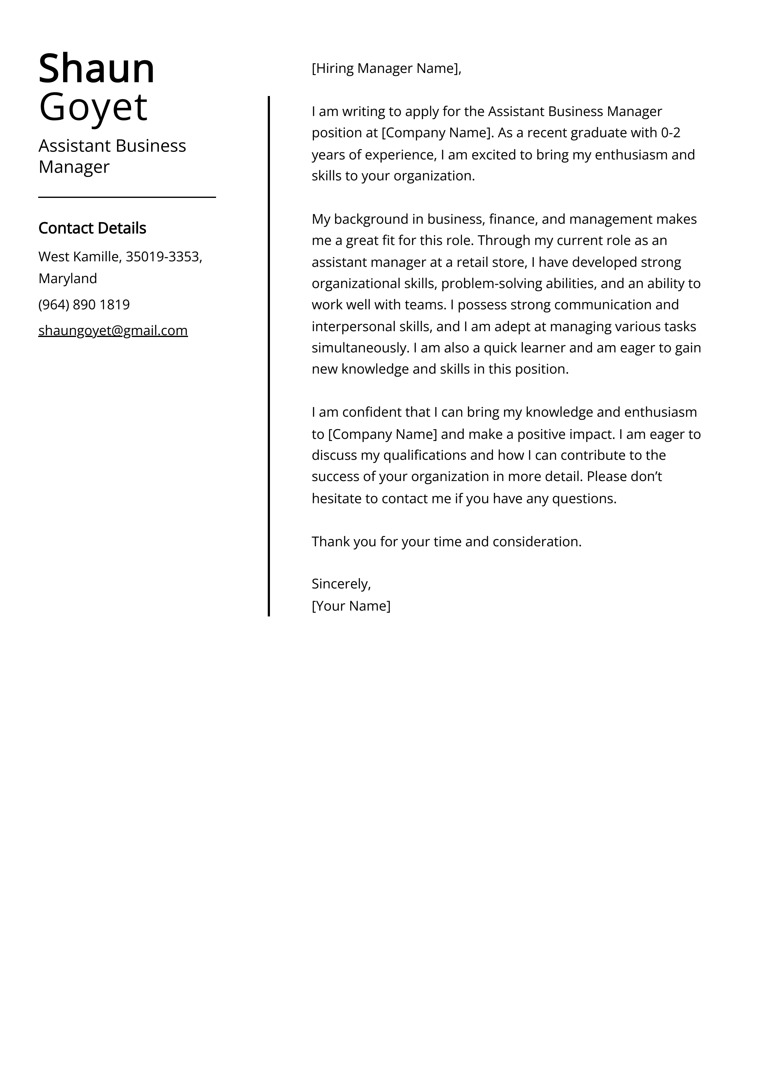 Assistant Business Manager Cover Letter Example