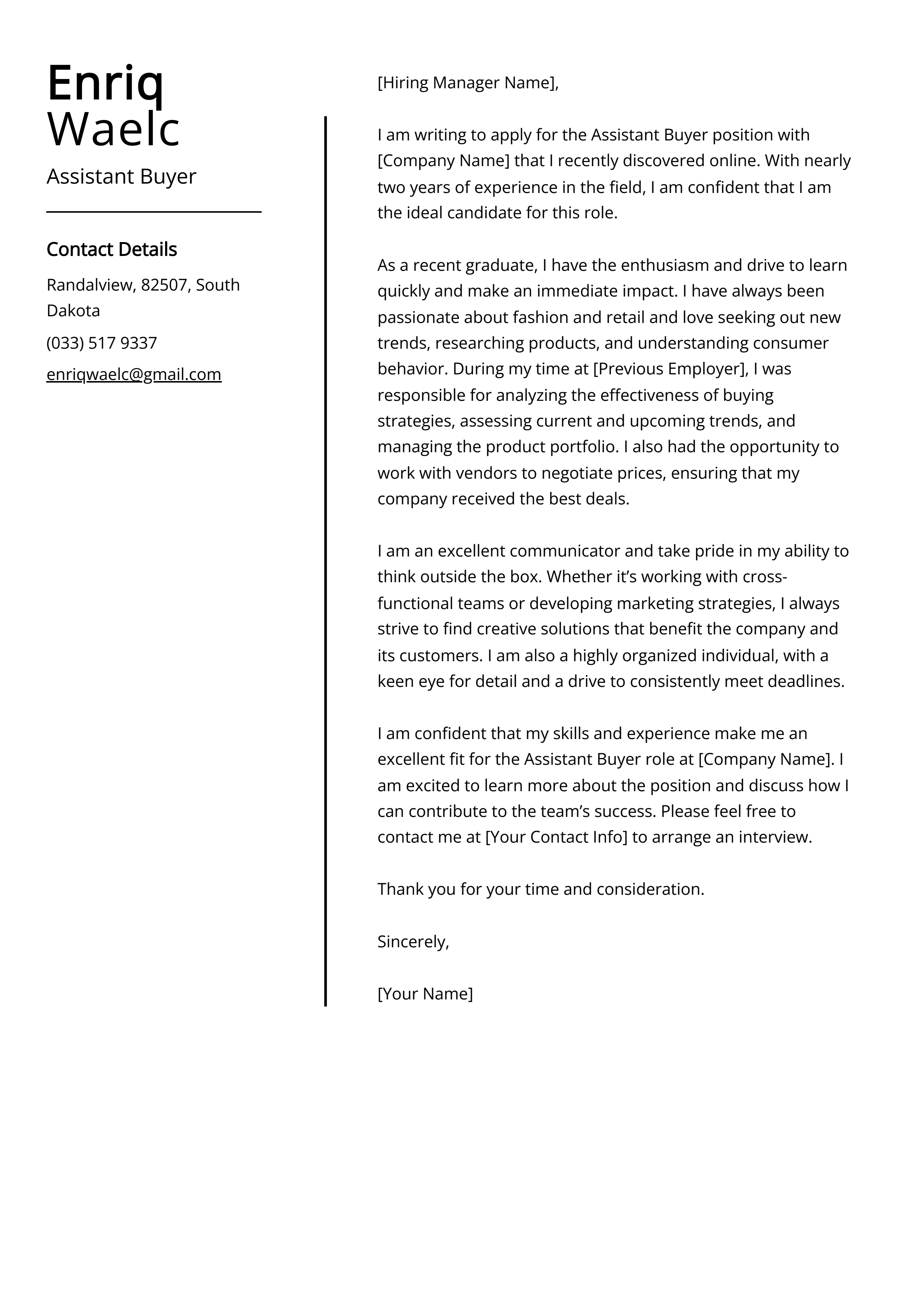 Assistant Buyer Cover Letter Example