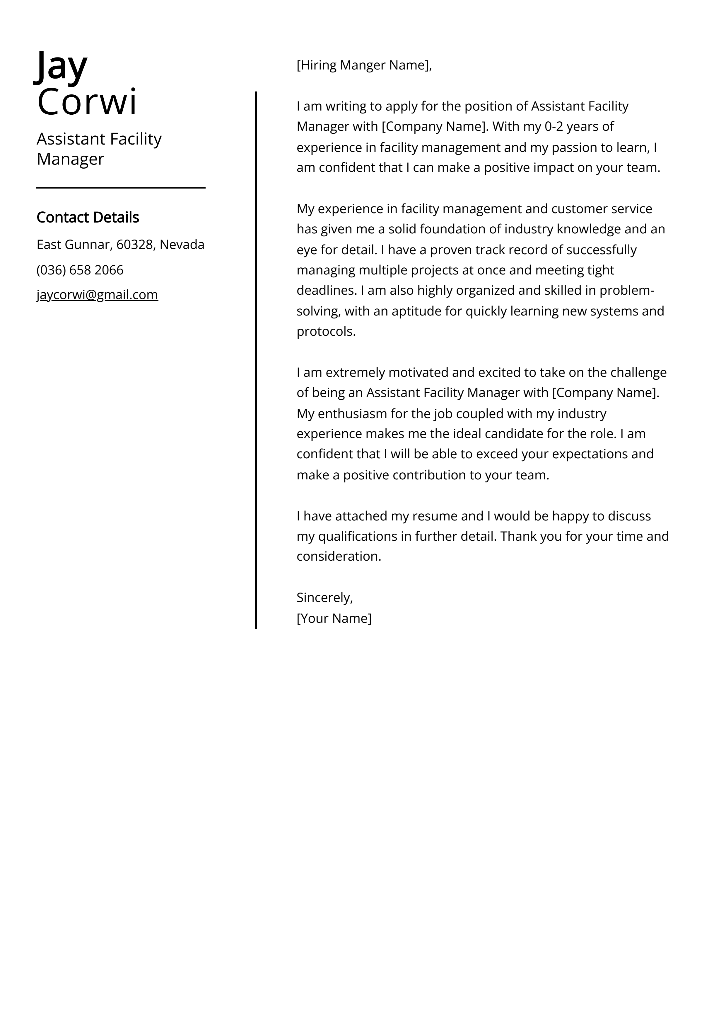 Assistant Facility Manager Cover Letter Example