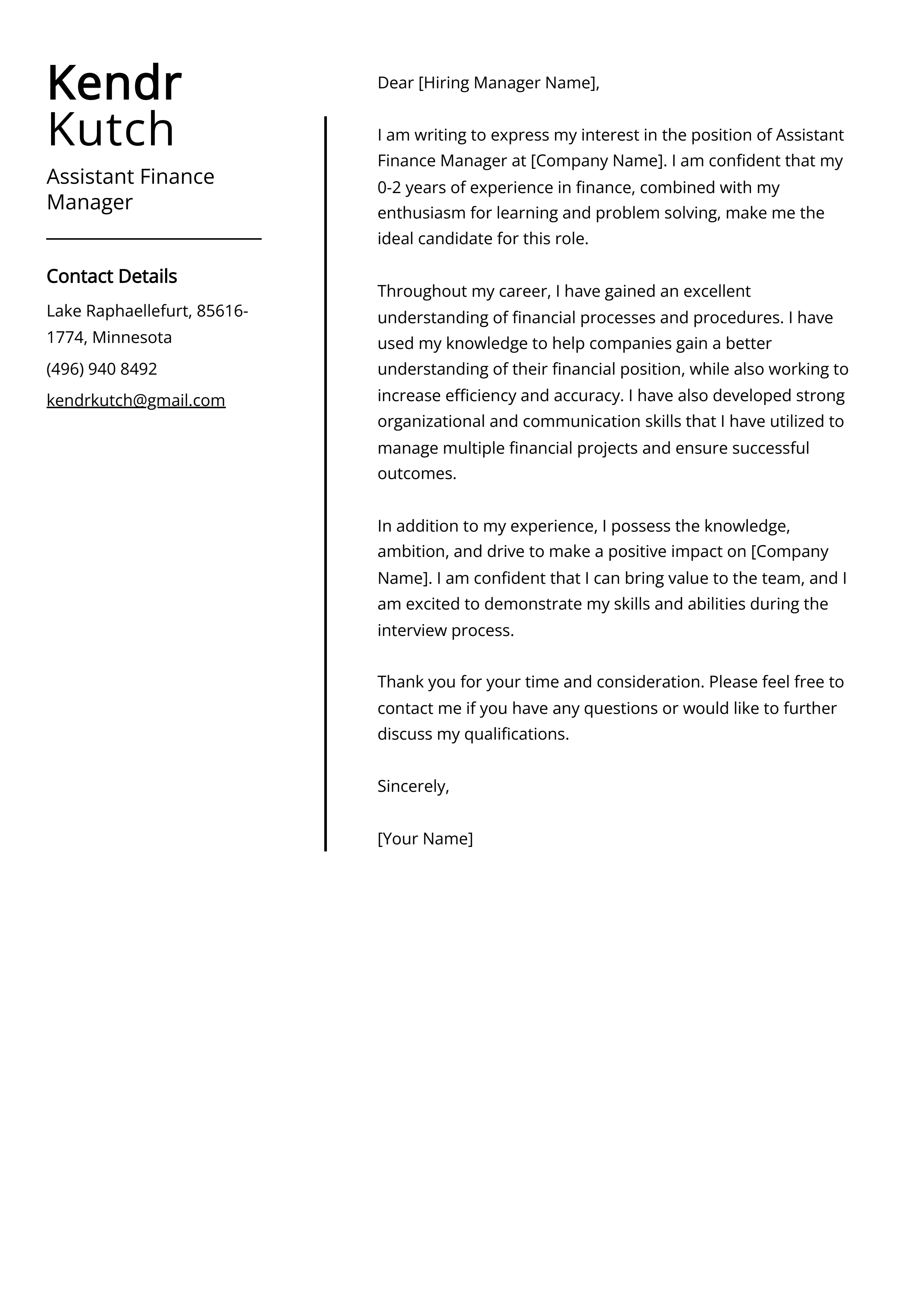 Assistant Finance Manager Cover Letter Example