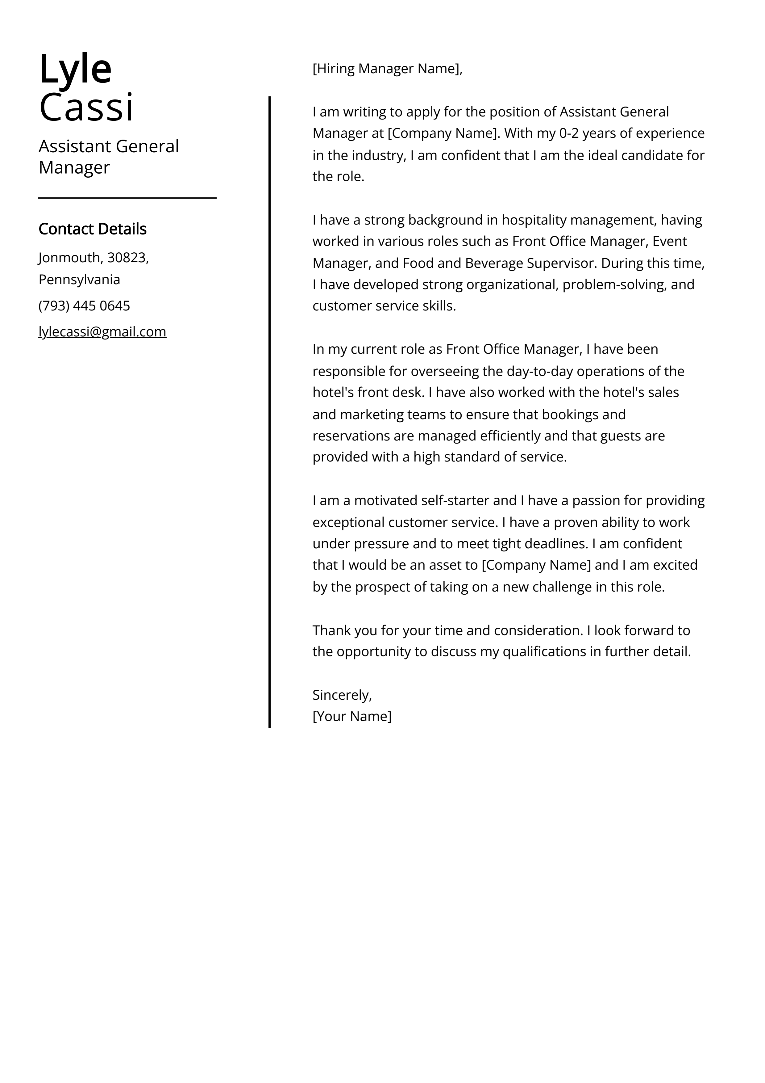 Assistant General Manager Cover Letter Example