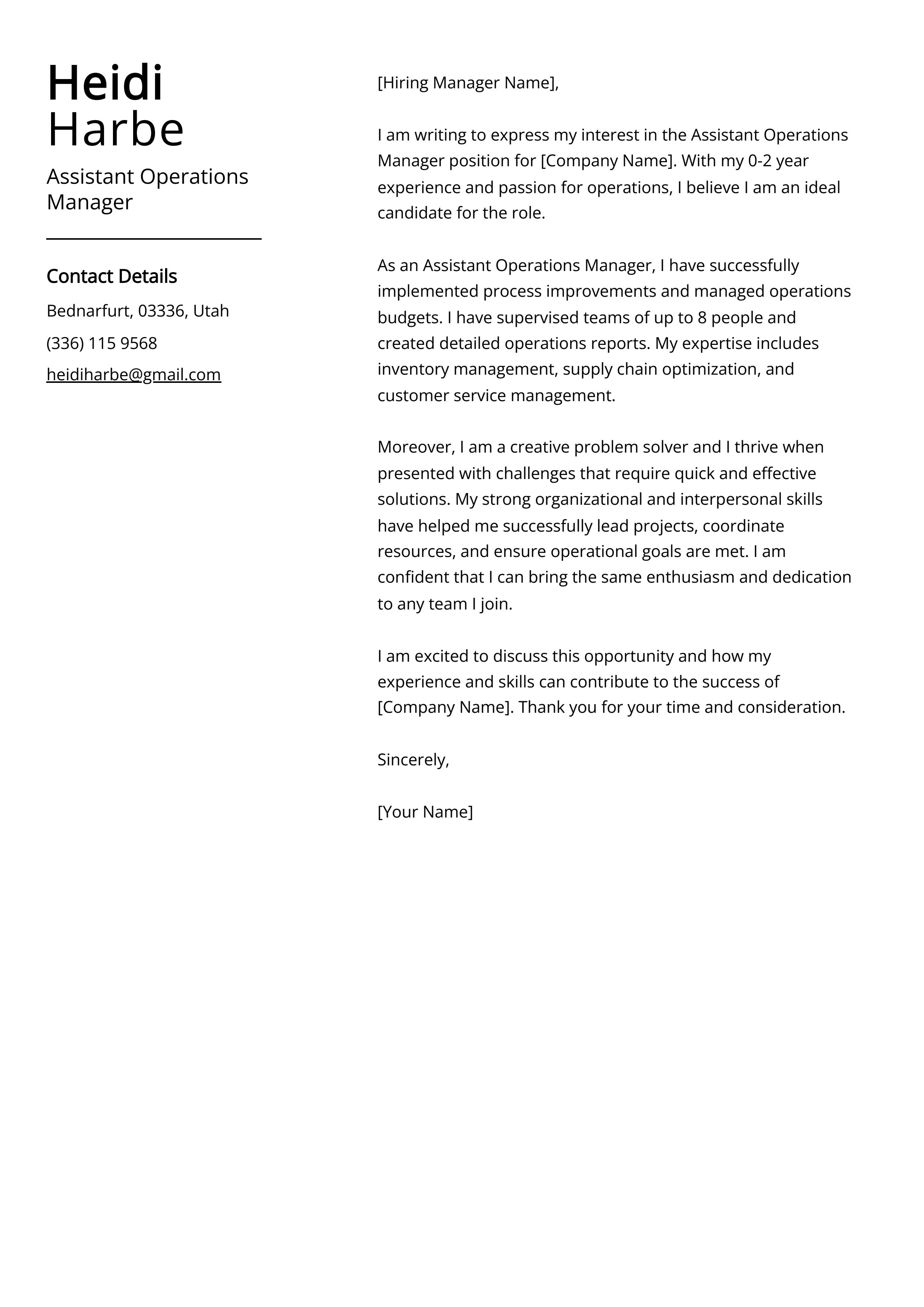 Assistant Operations Manager Cover Letter Example