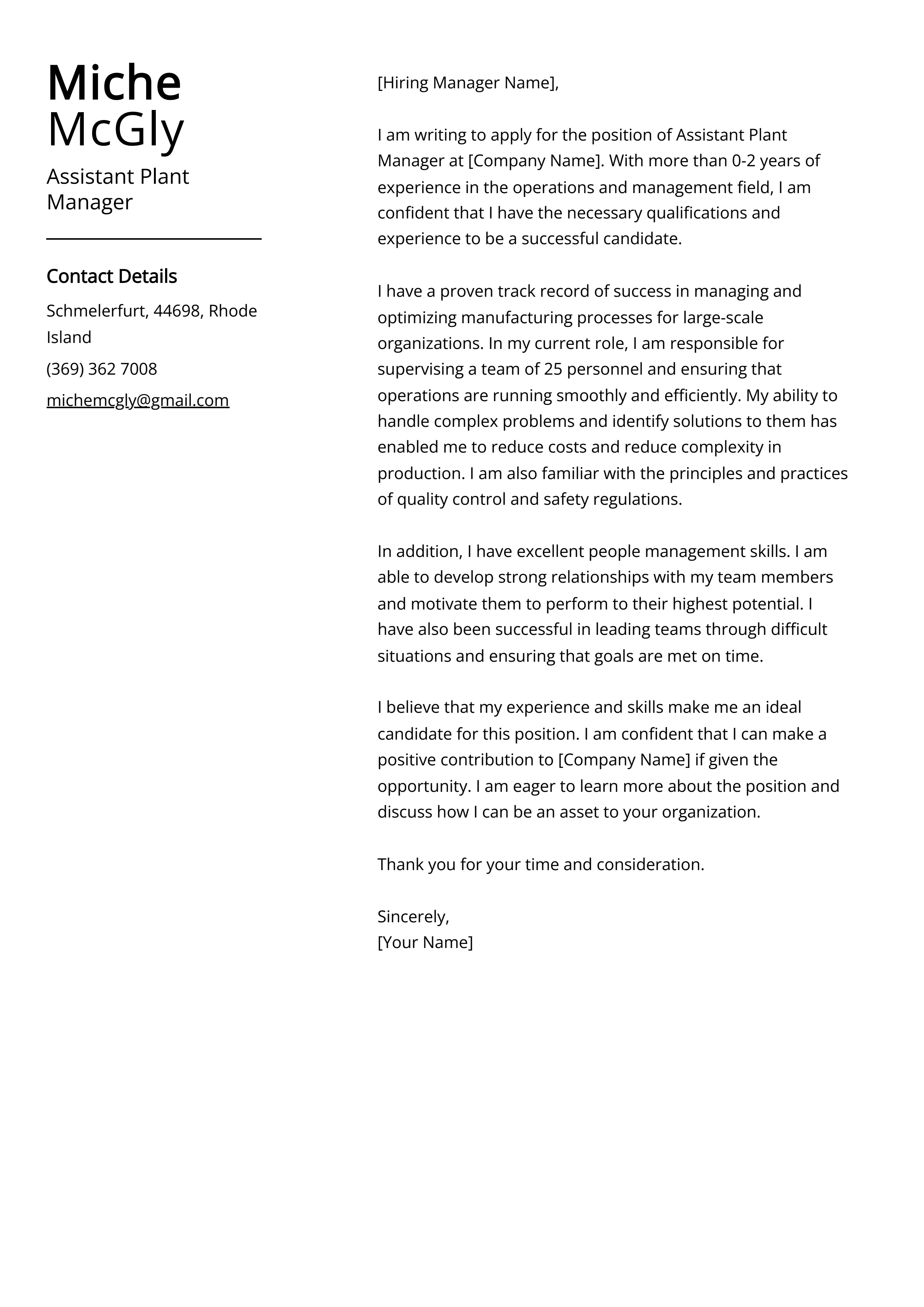 Assistant Plant Manager Cover Letter Example