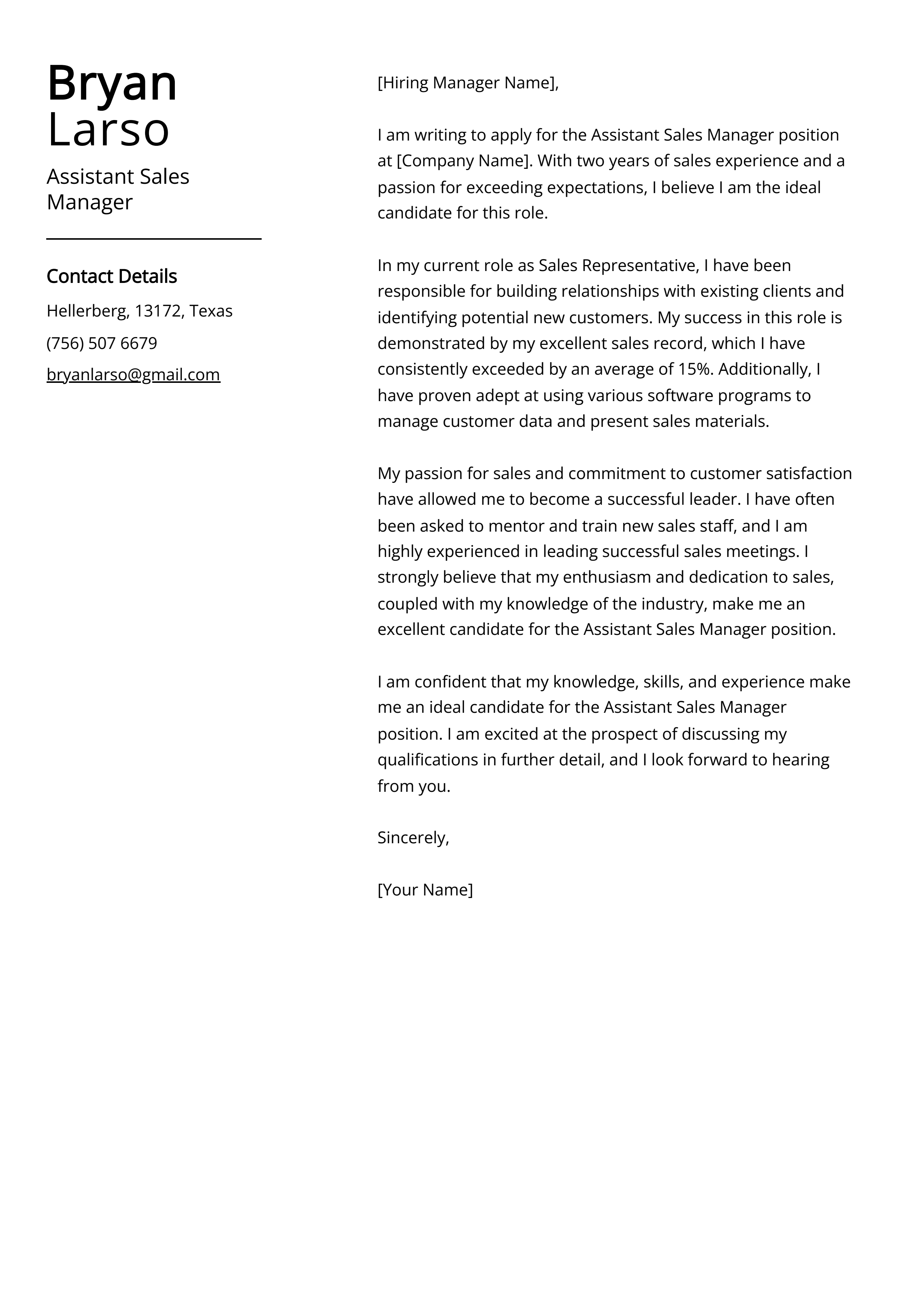 Assistant Sales Manager Cover Letter Example