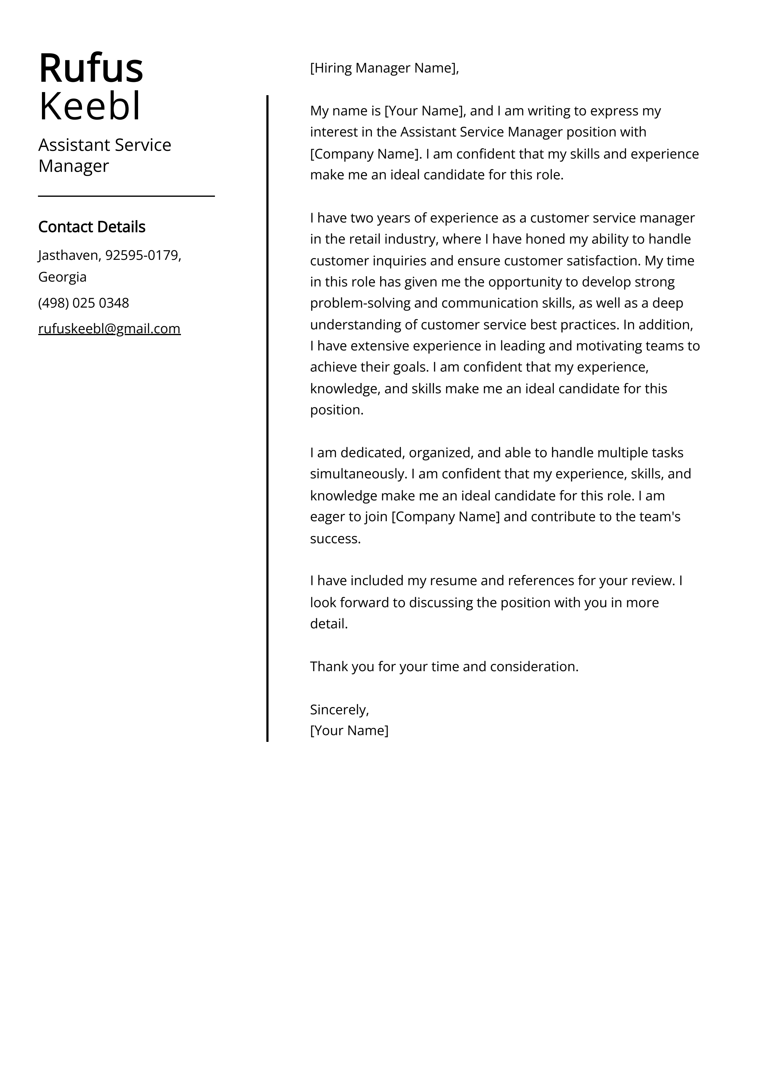 Assistant Service Manager Cover Letter Example