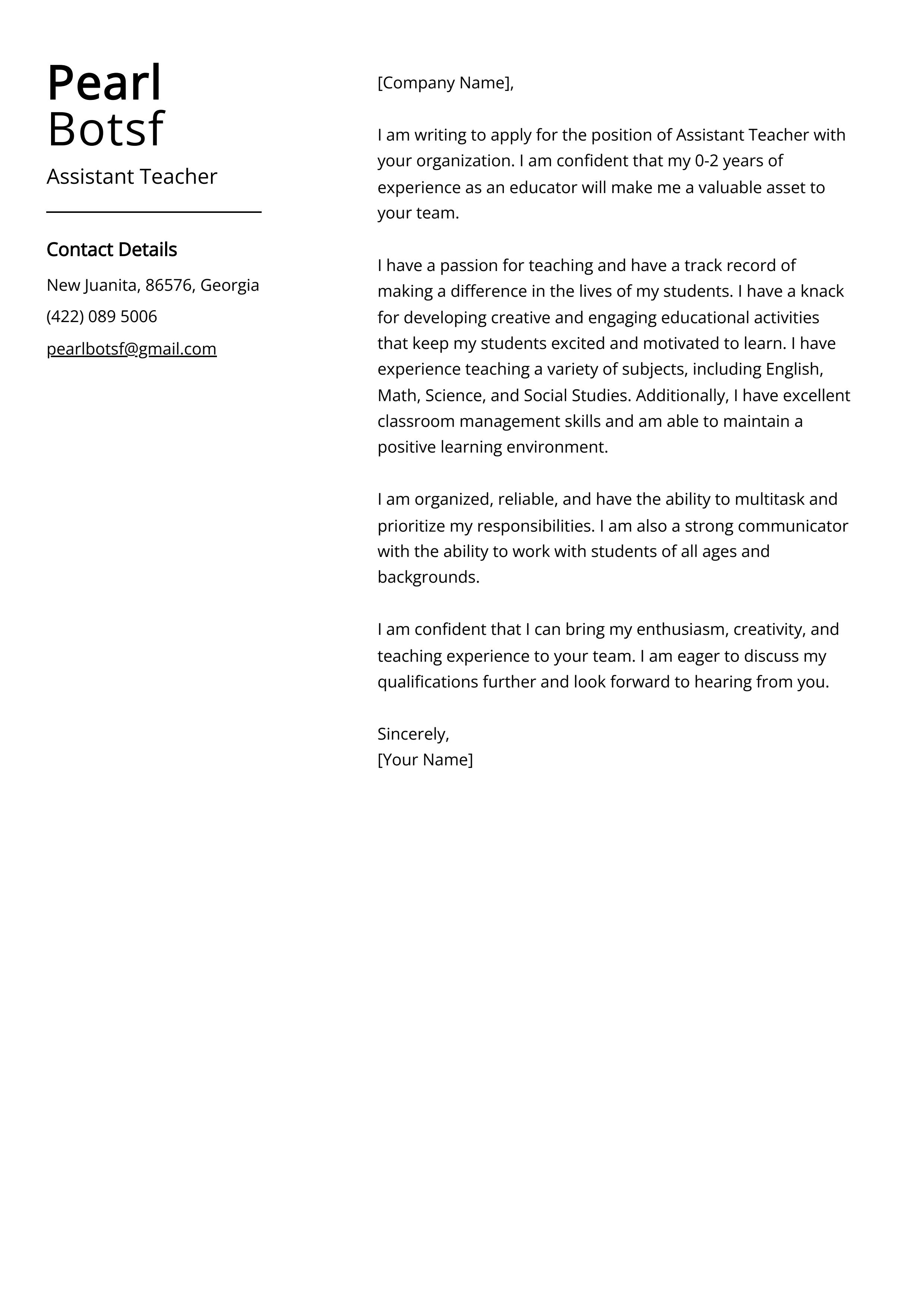 Assistant Teacher Cover Letter Example