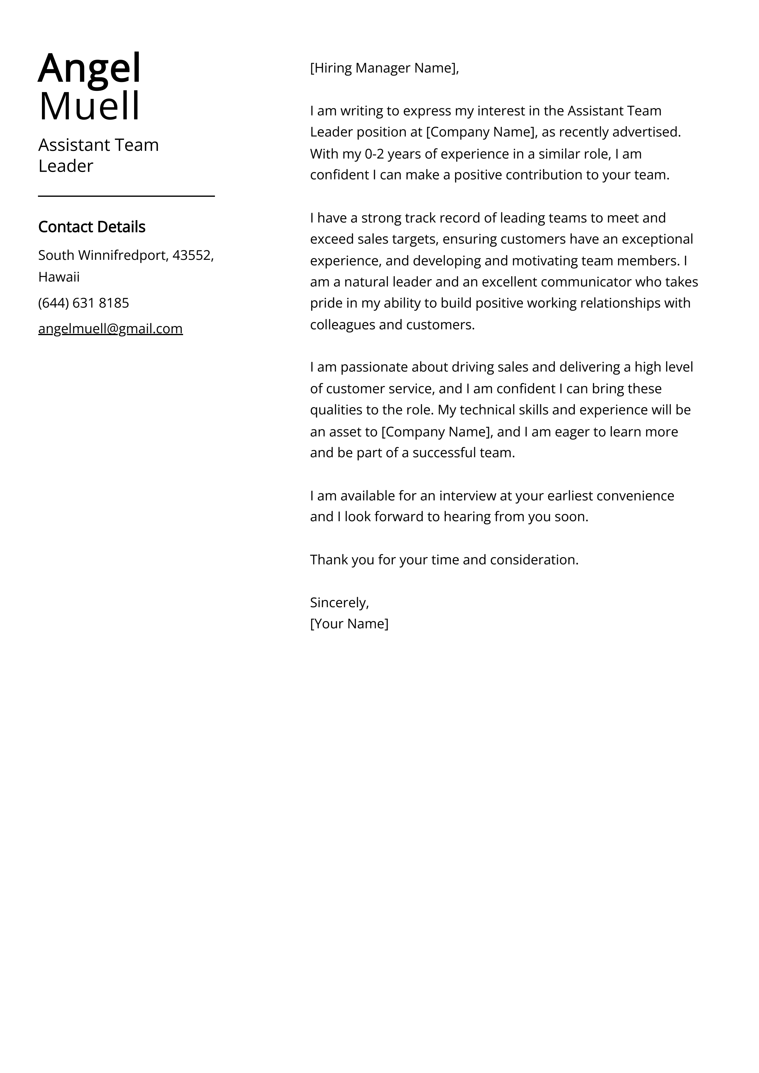 Assistant Team Leader Cover Letter Example