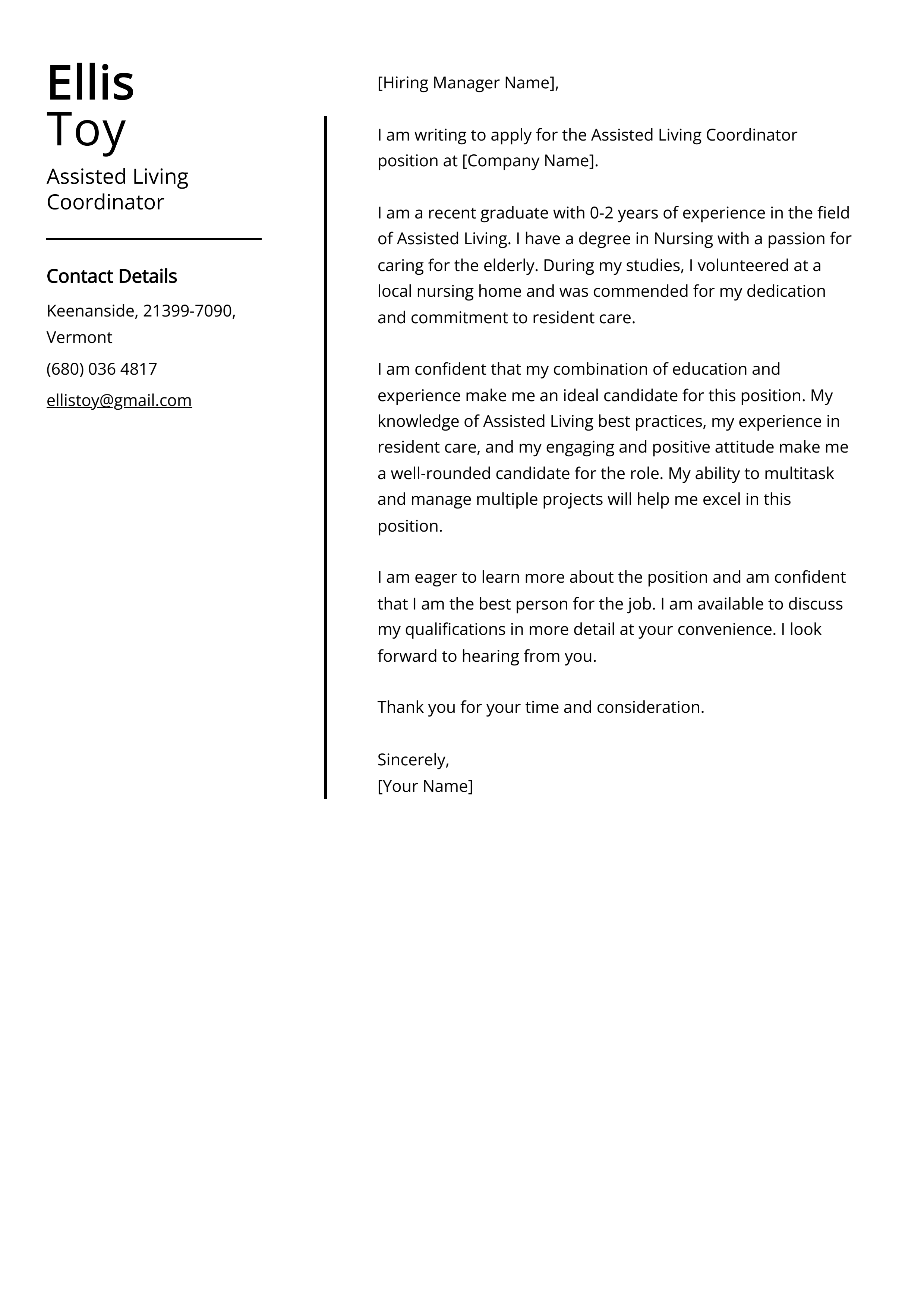 Assisted Living Coordinator Cover Letter Example