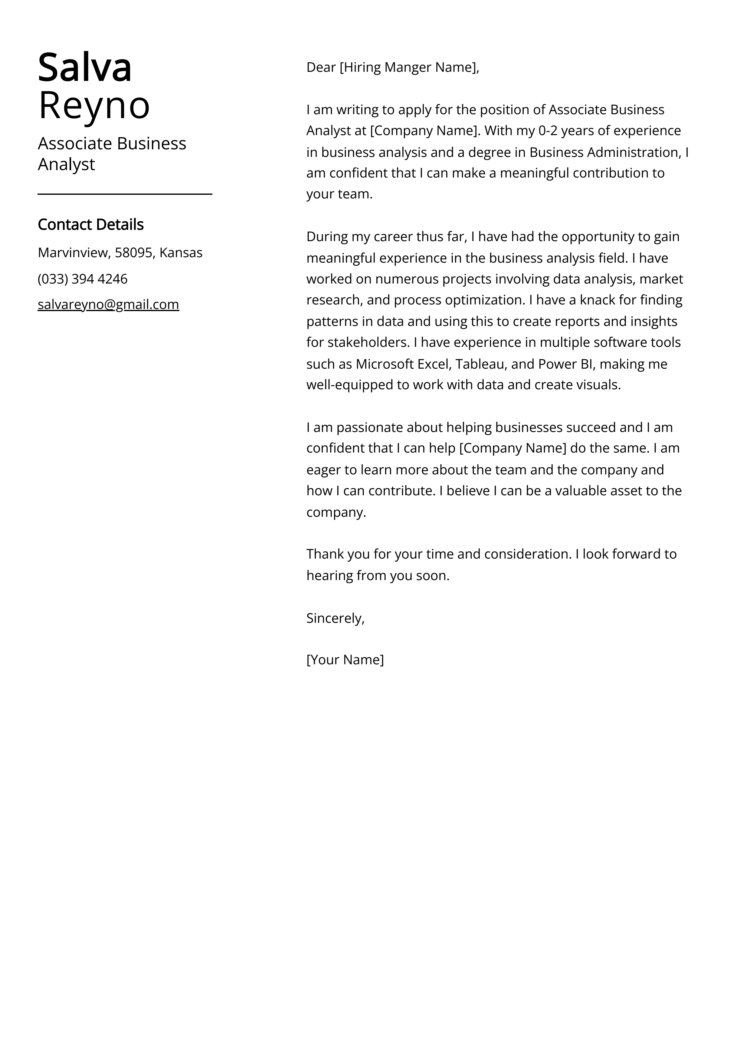 Associate Business Analyst Cover Letter Example