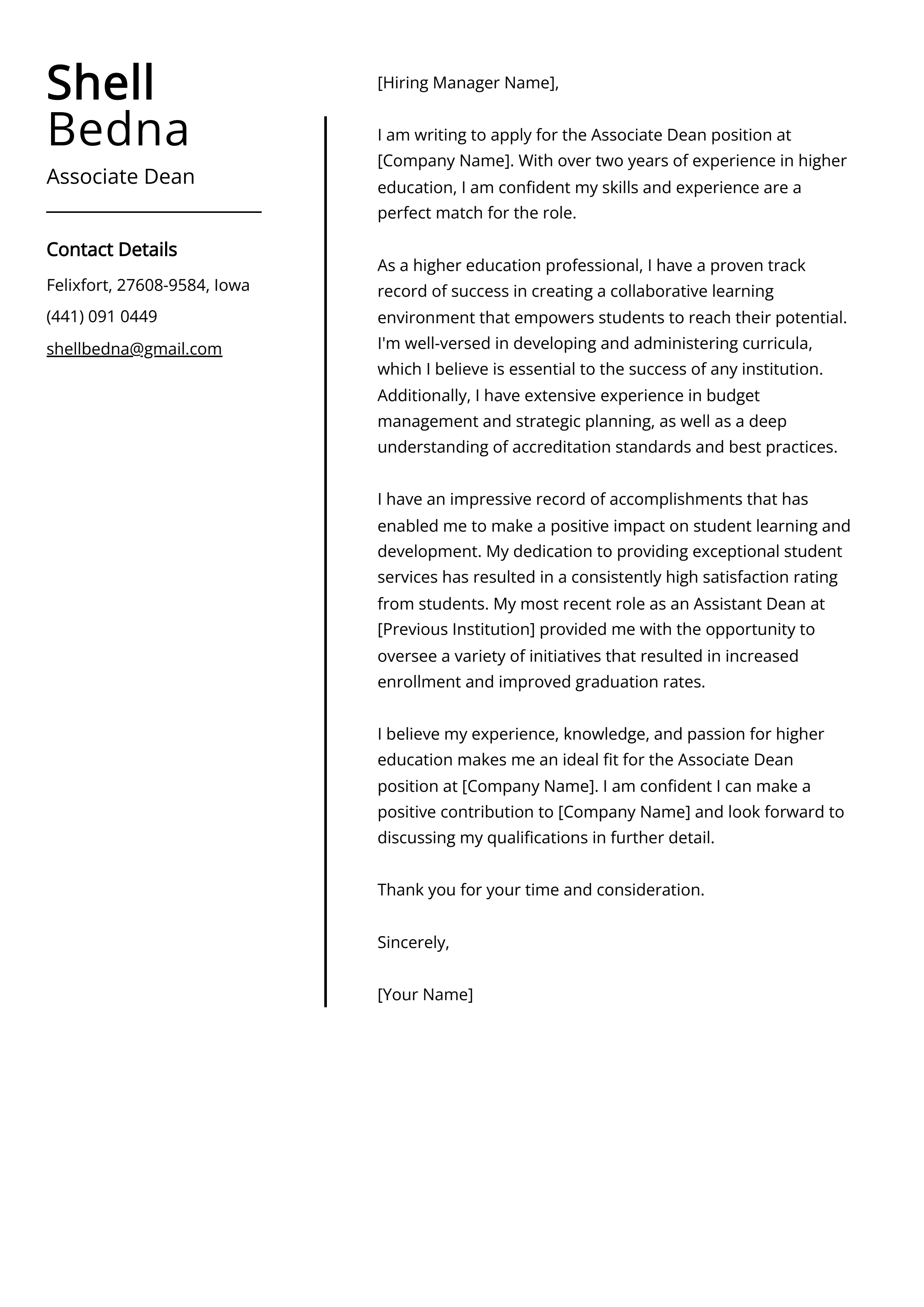 Associate Dean Cover Letter Example