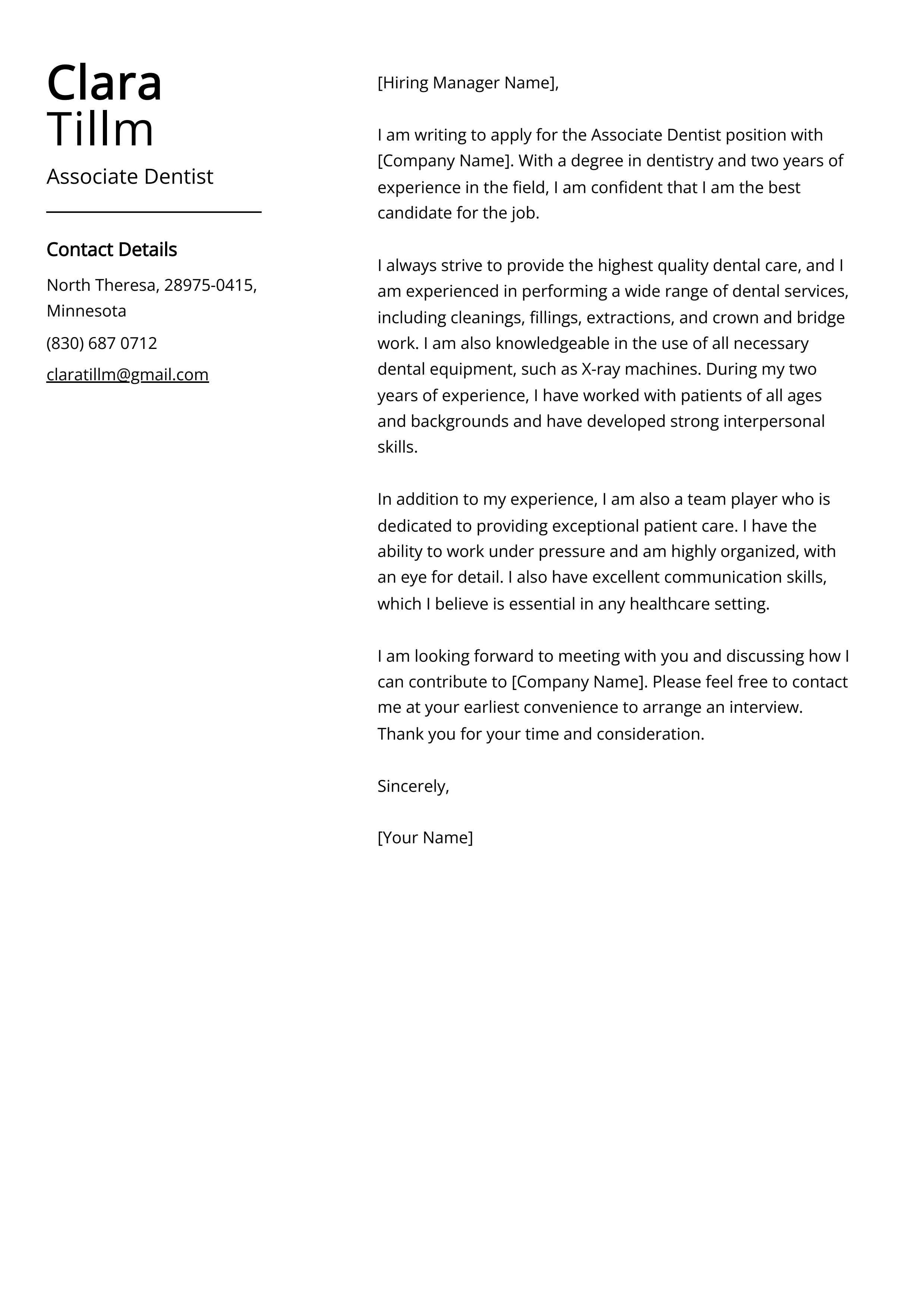 Associate Dentist Cover Letter Example