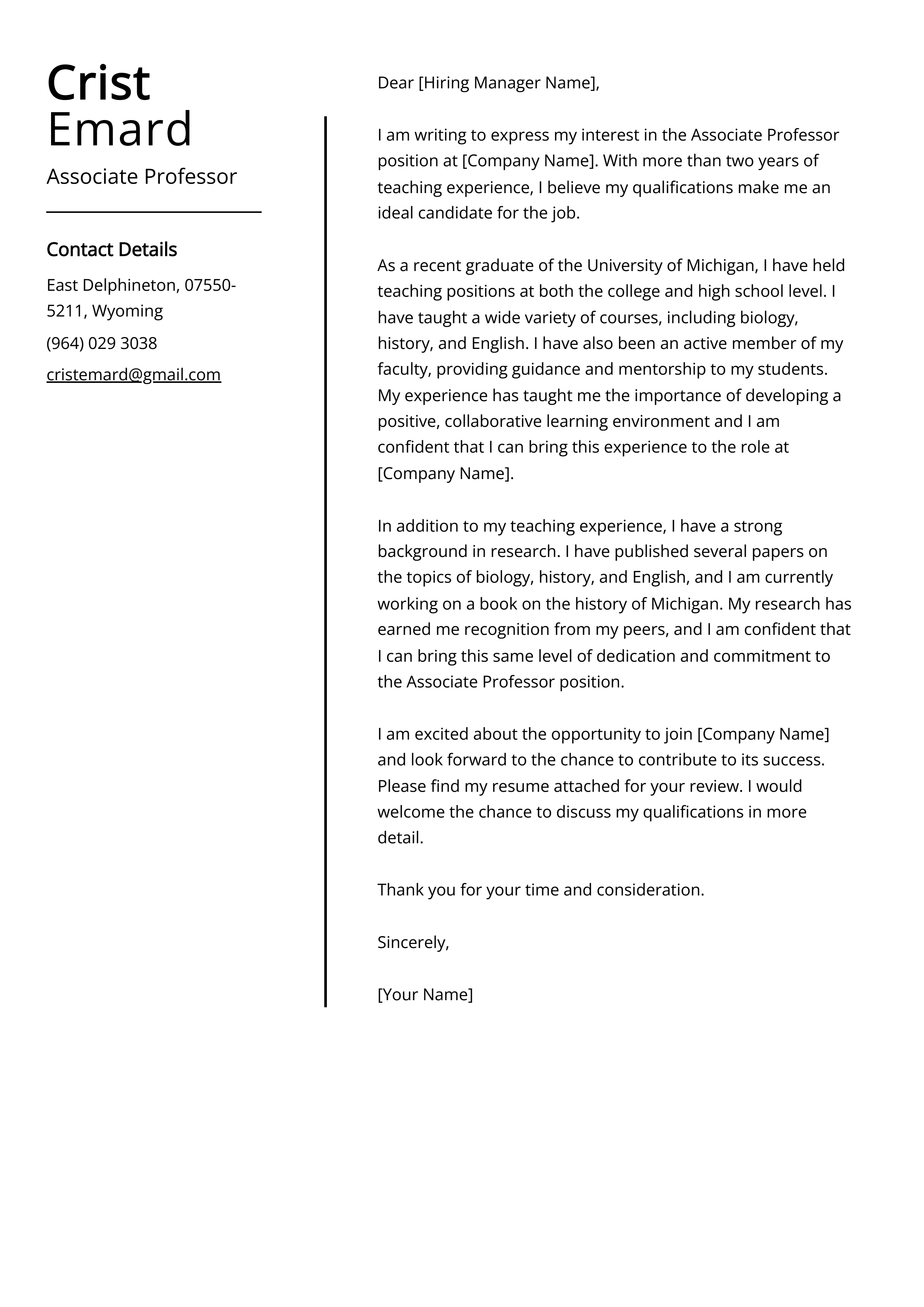 Associate Professor Cover Letter Example