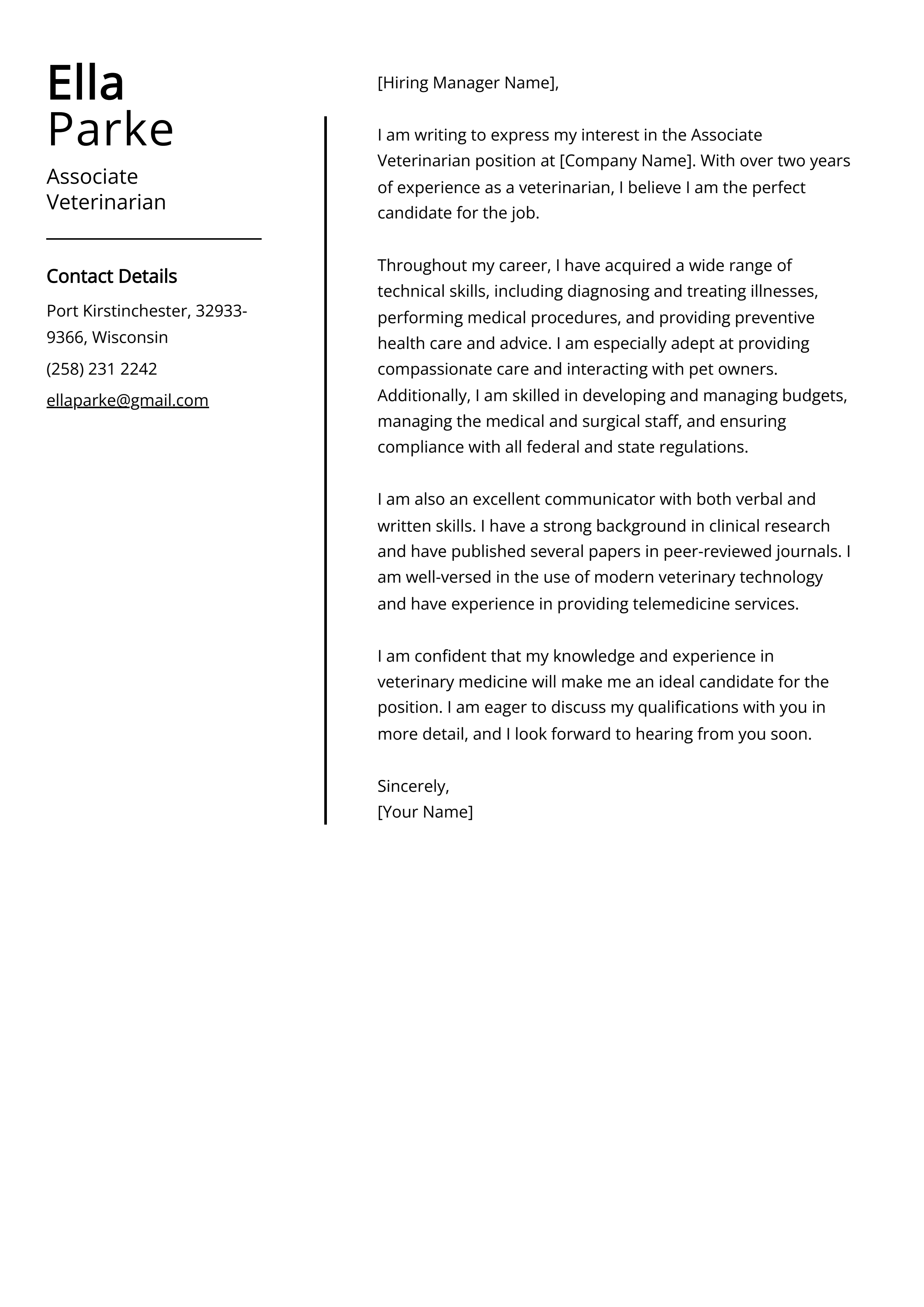 Associate Veterinarian Cover Letter Example