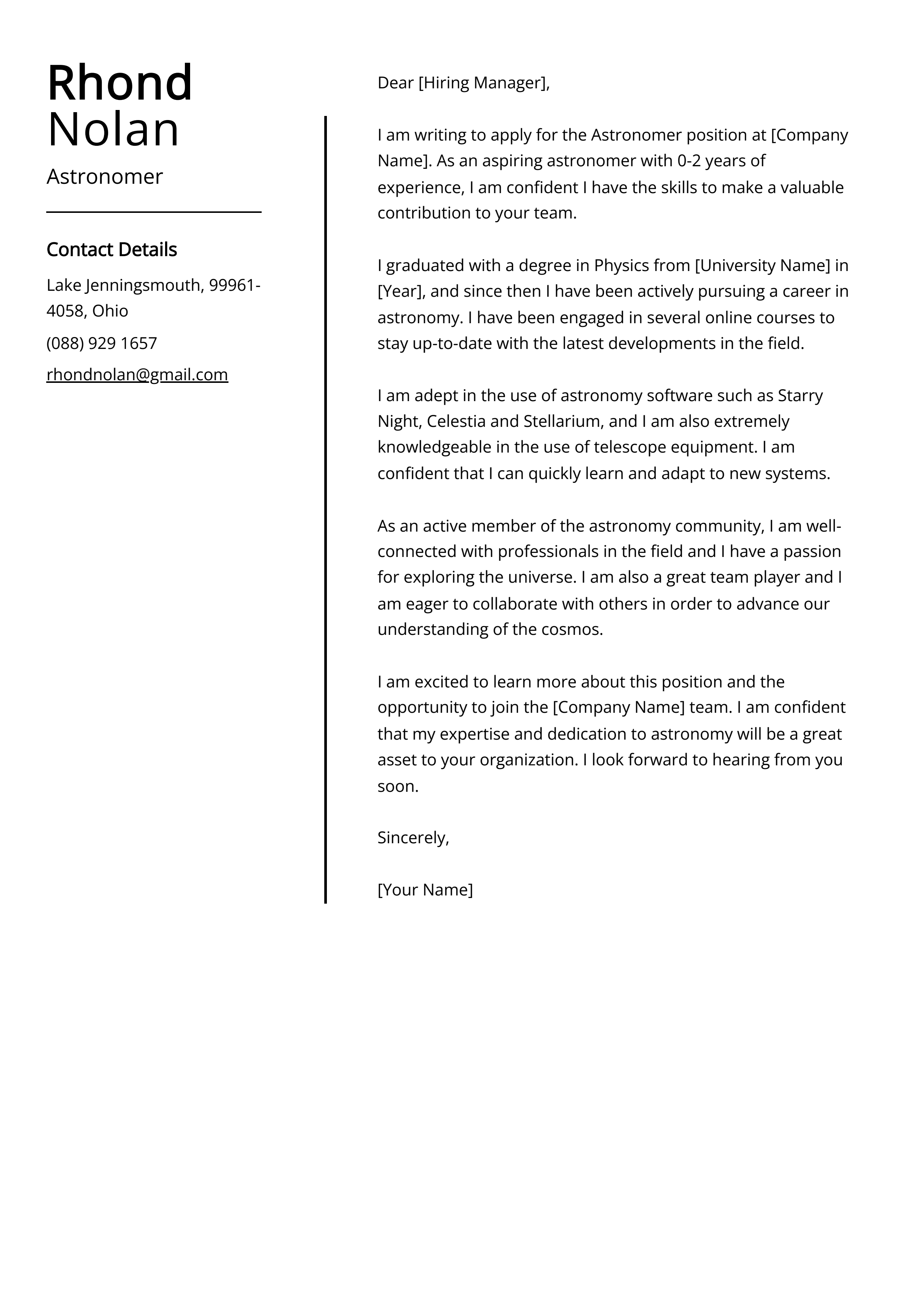 Astronomer Cover Letter Example