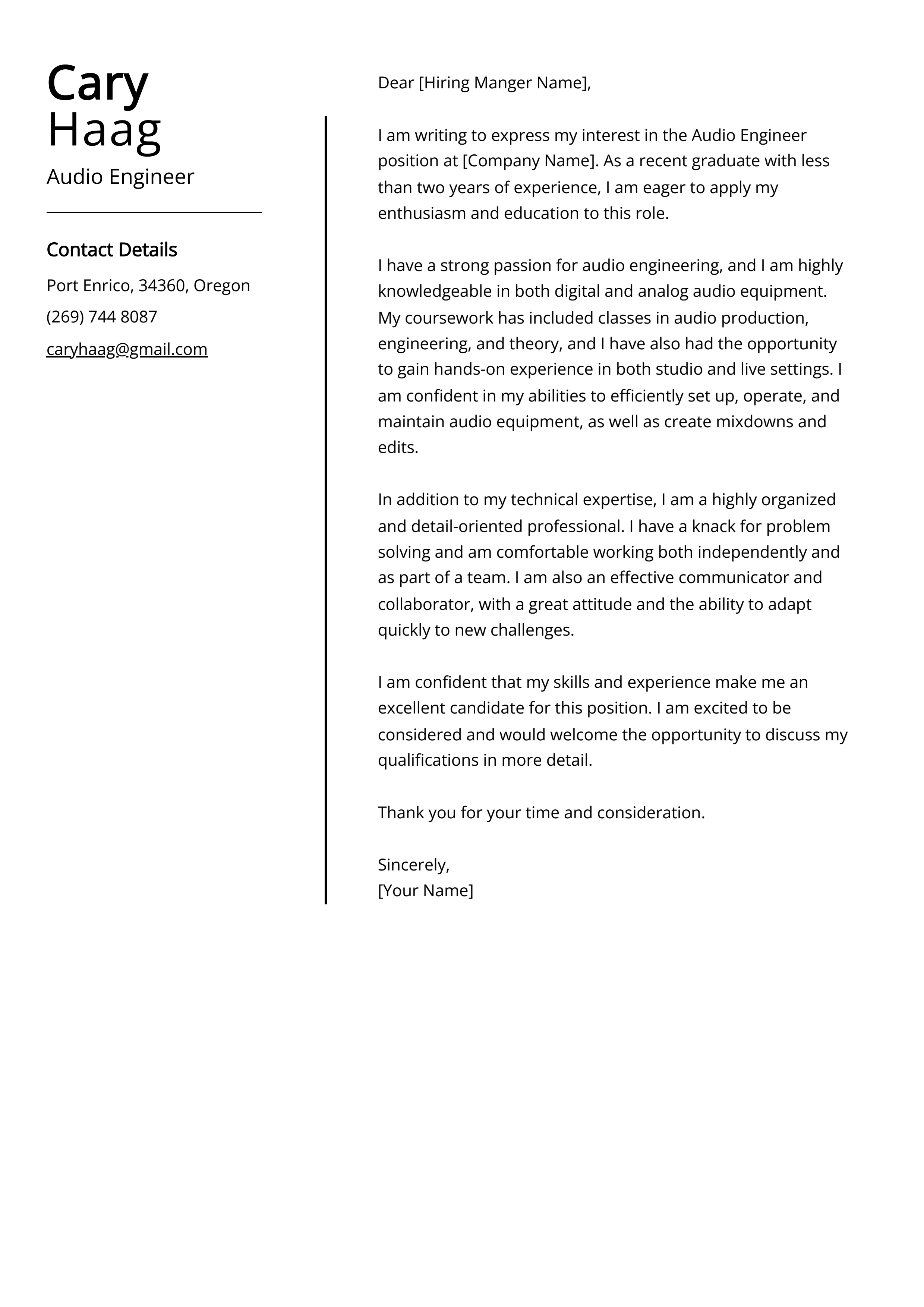 Audio Engineer Cover Letter Example