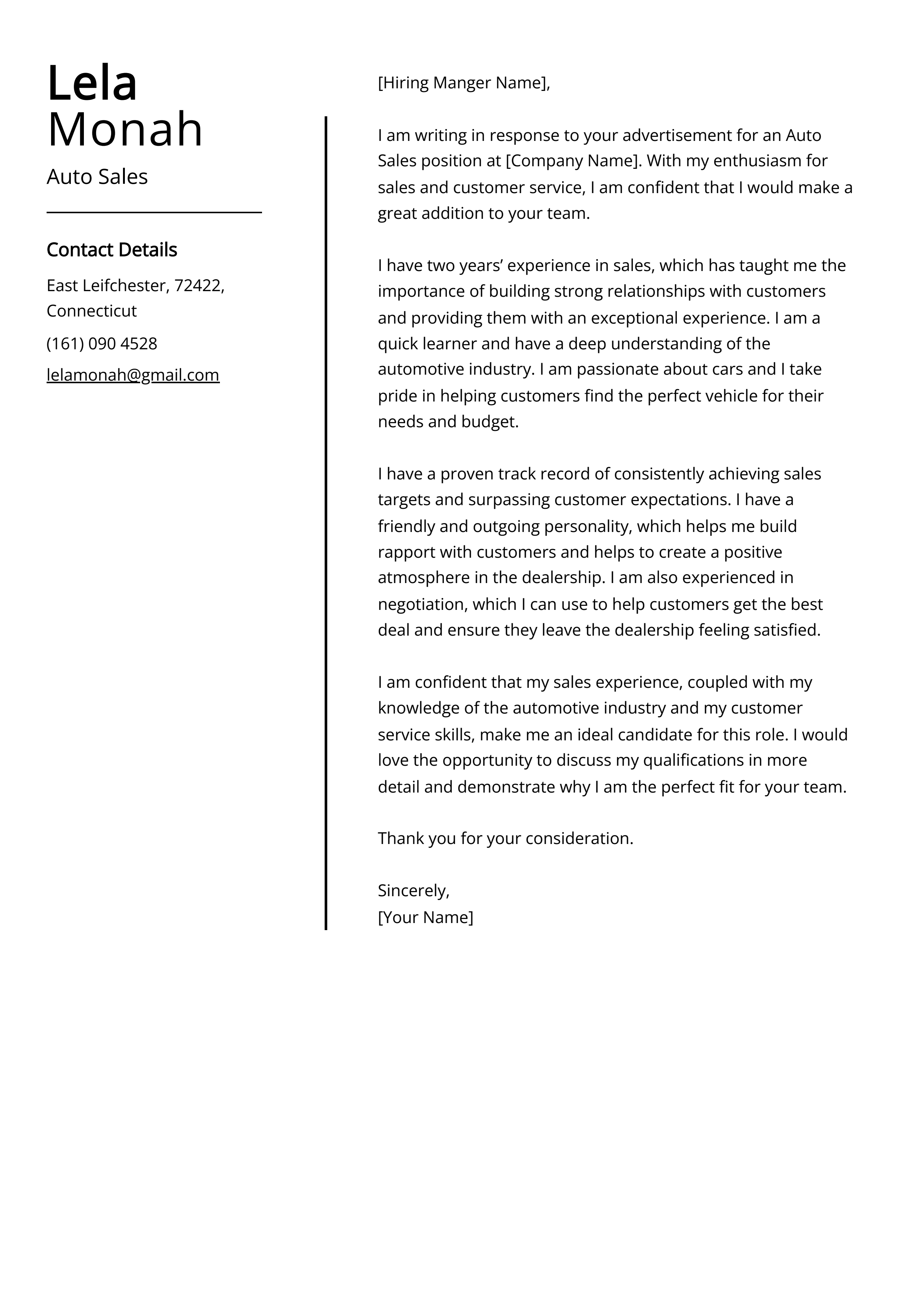 Auto Sales Cover Letter Example