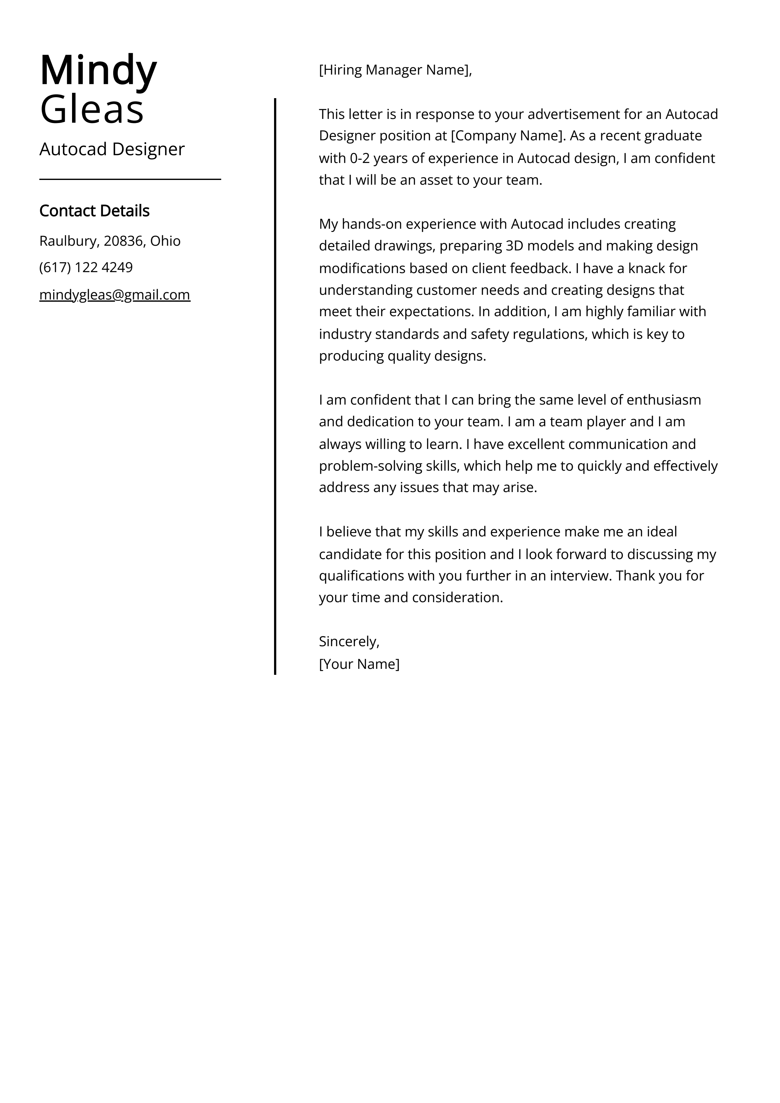 Autocad Designer Cover Letter Example