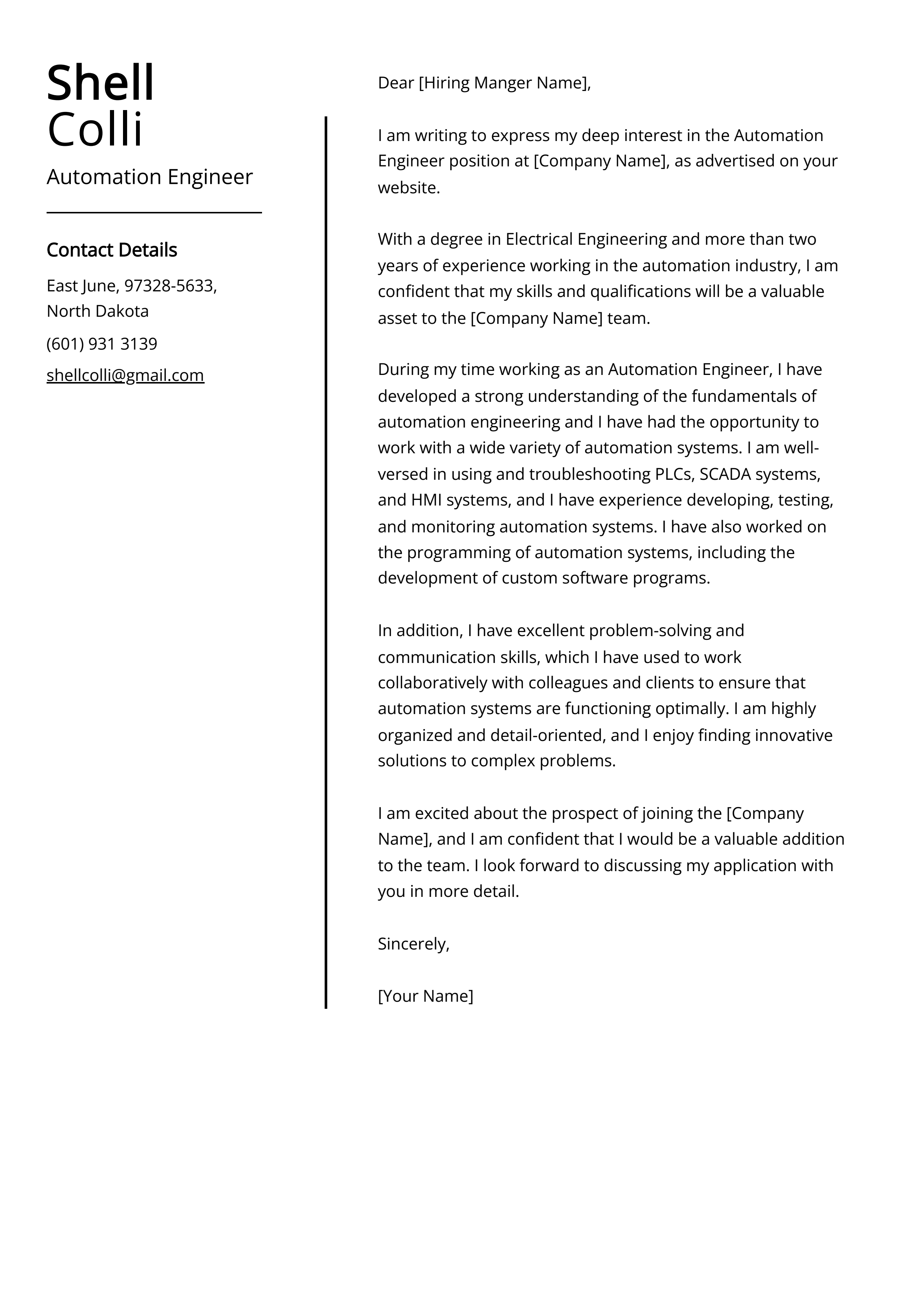 Automation Engineer Cover Letter Example