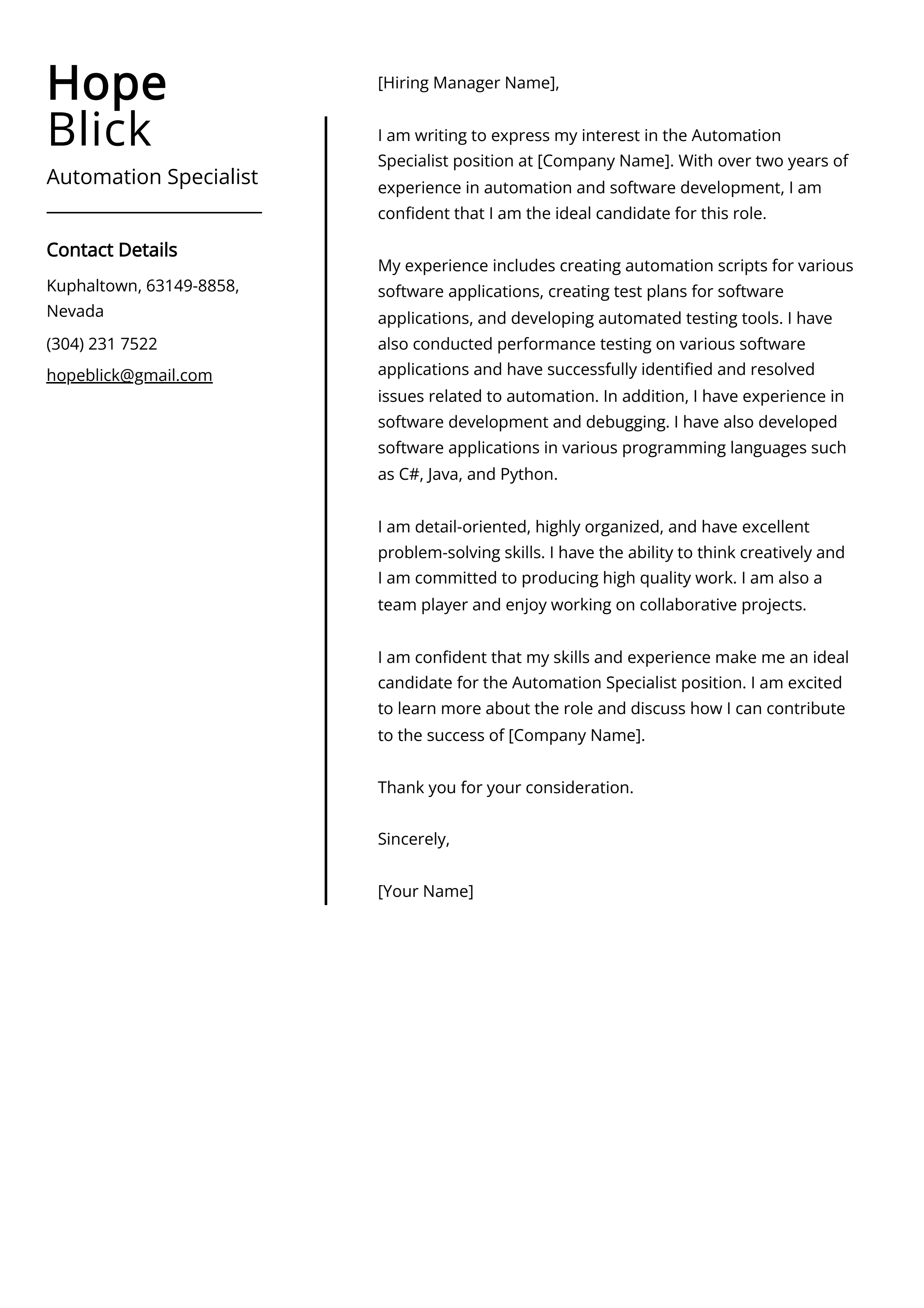 Automation Specialist Cover Letter Example