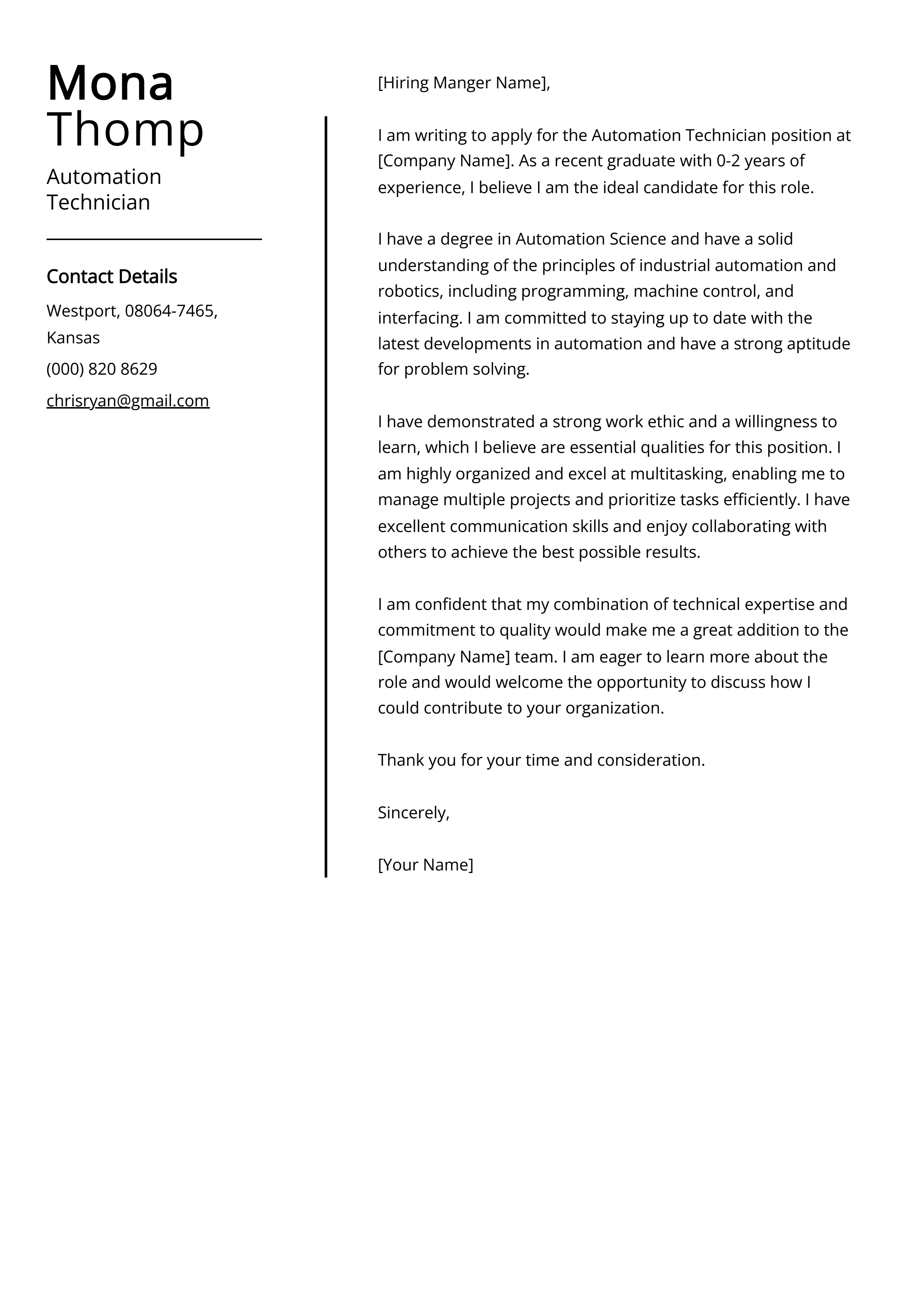 Automation Technician Cover Letter Example