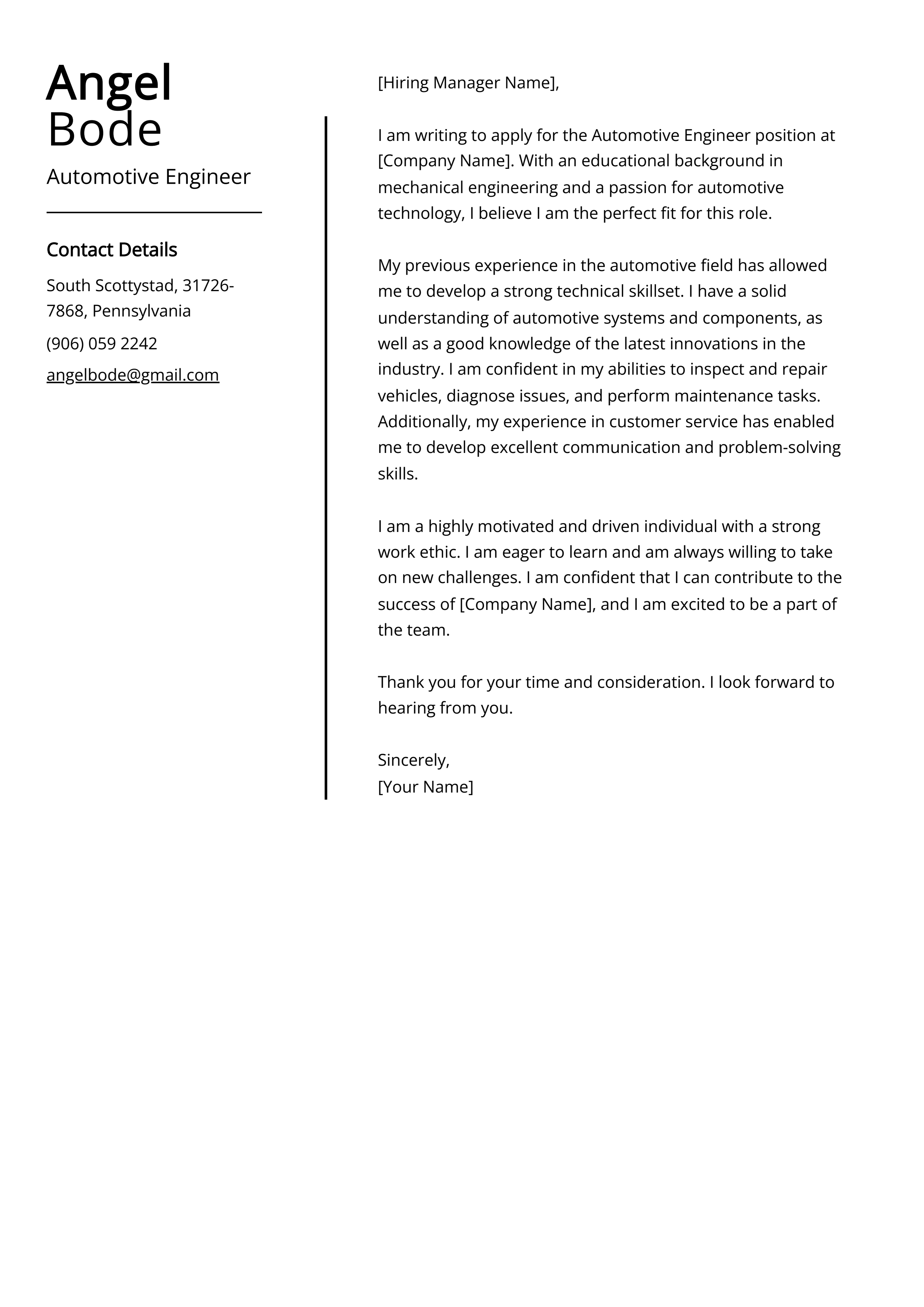 Automotive Engineer Cover Letter Example