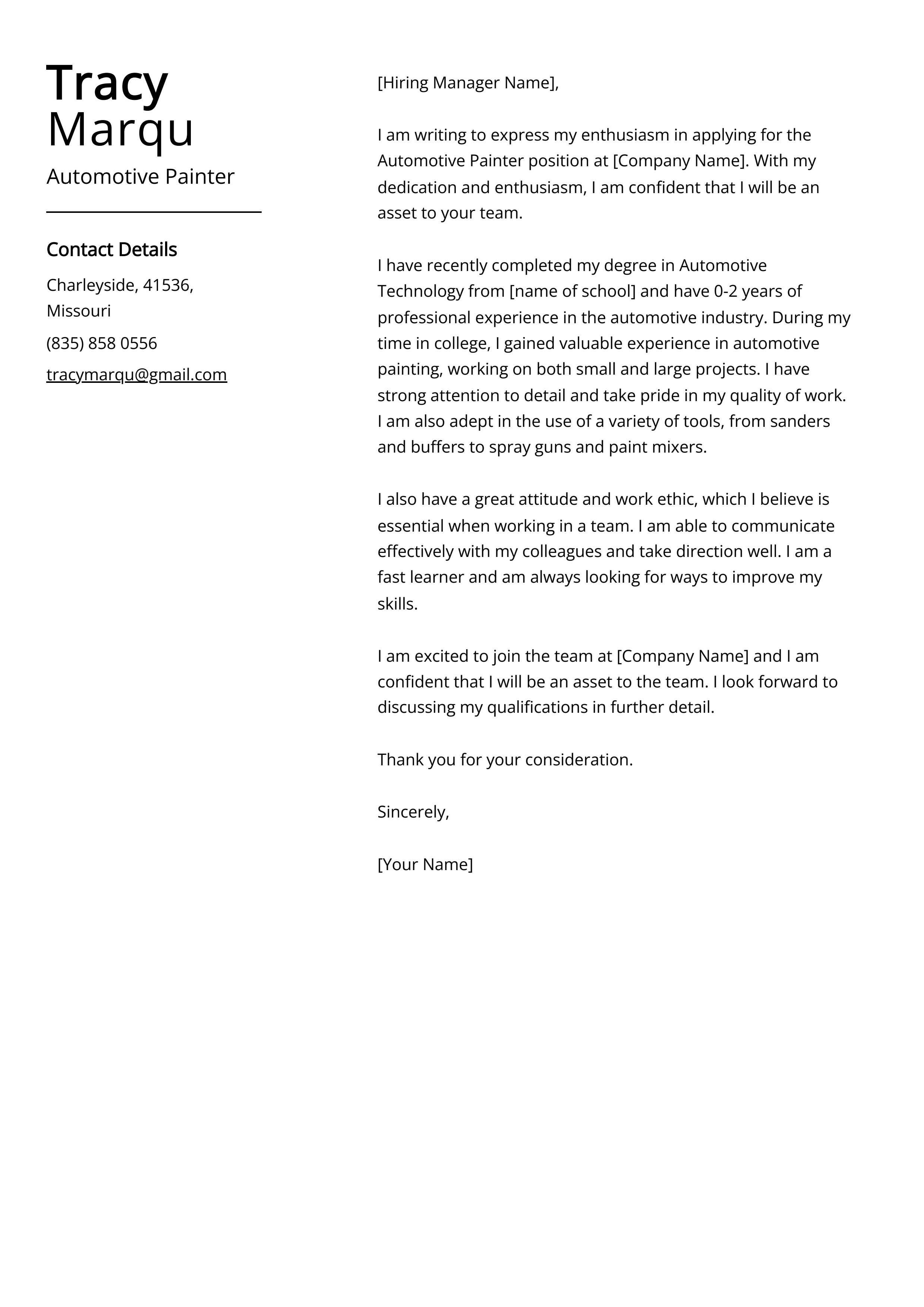 Automotive Painter Cover Letter Example