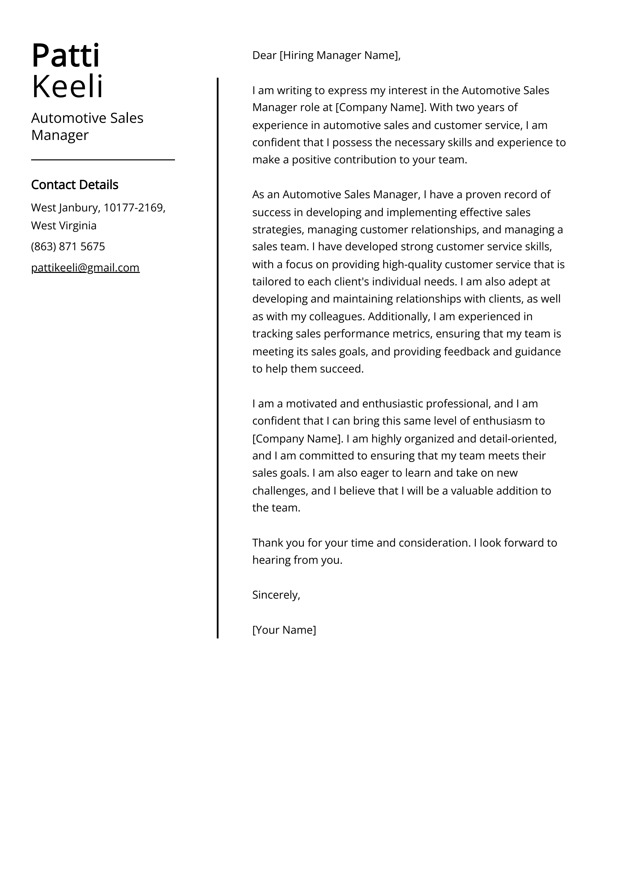 Automotive Sales Manager Cover Letter Example