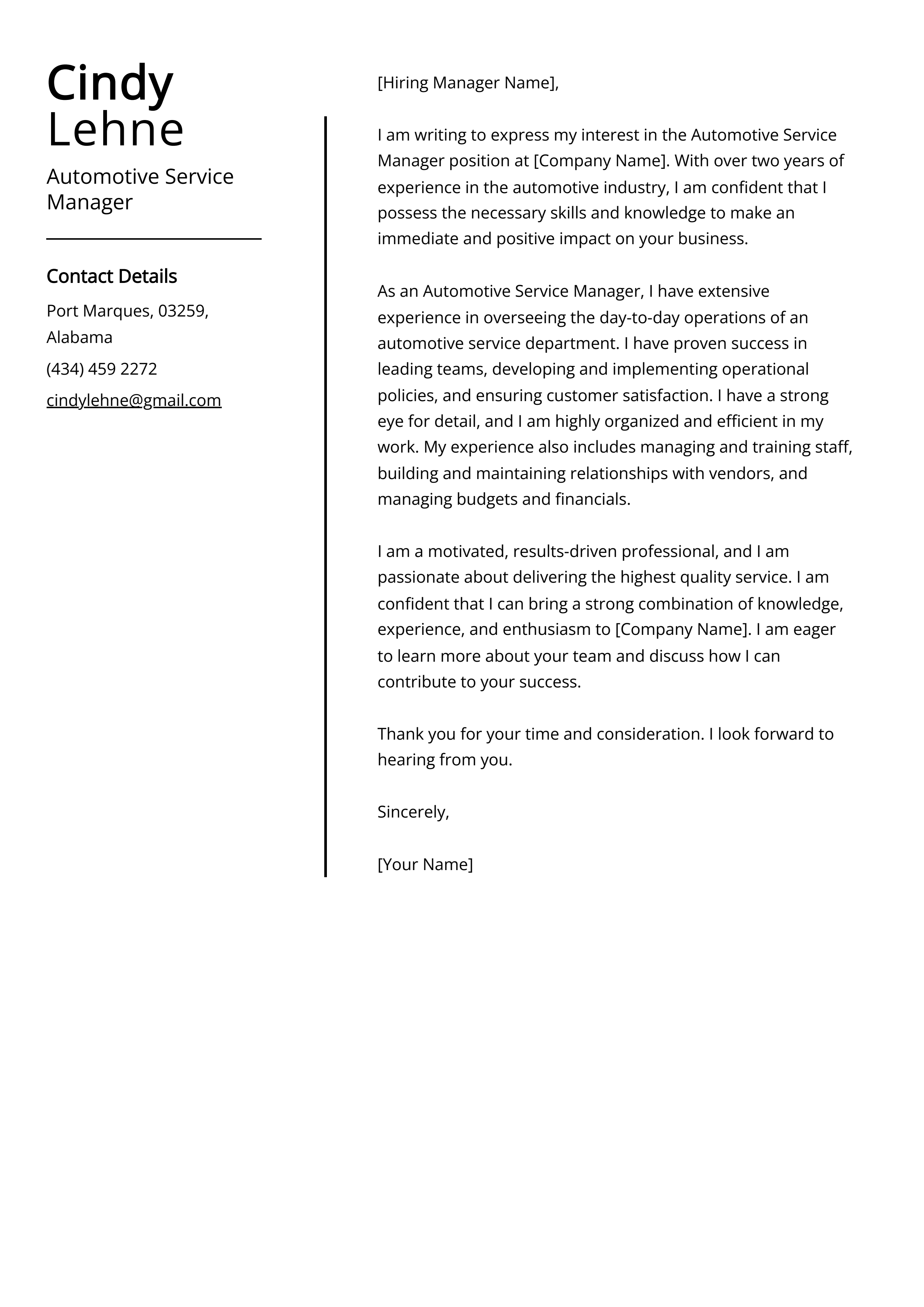 Automotive Service Manager Cover Letter Example