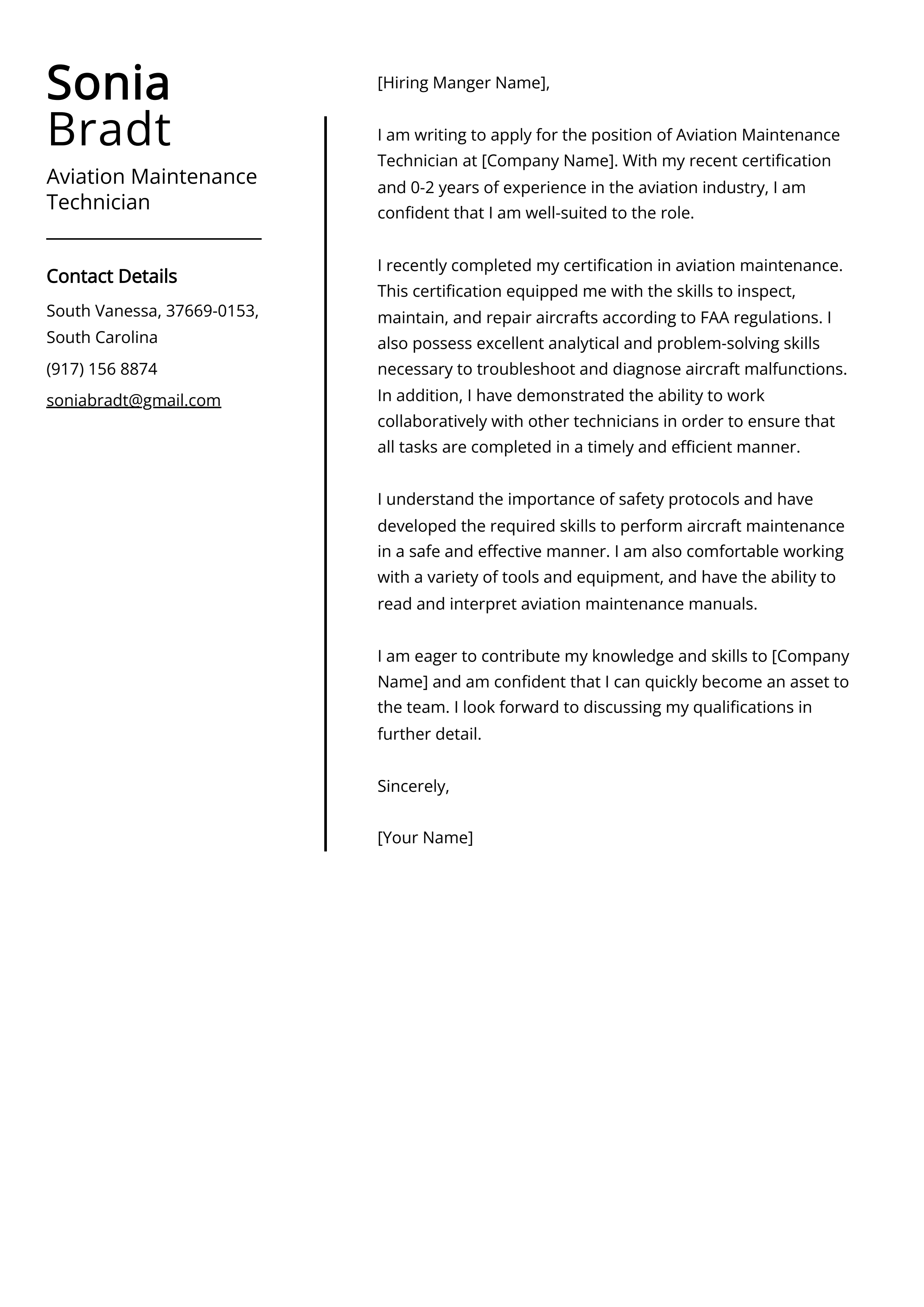 Aviation Maintenance Technician Cover Letter Example