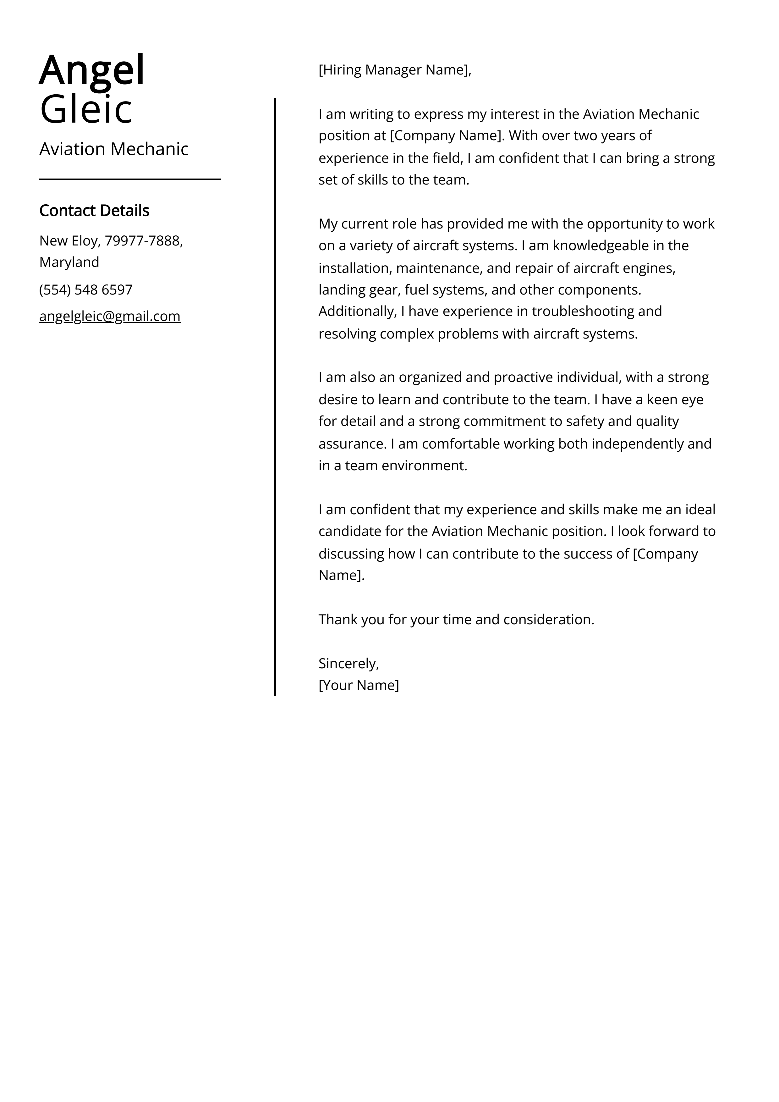 Aviation Mechanic Cover Letter Example