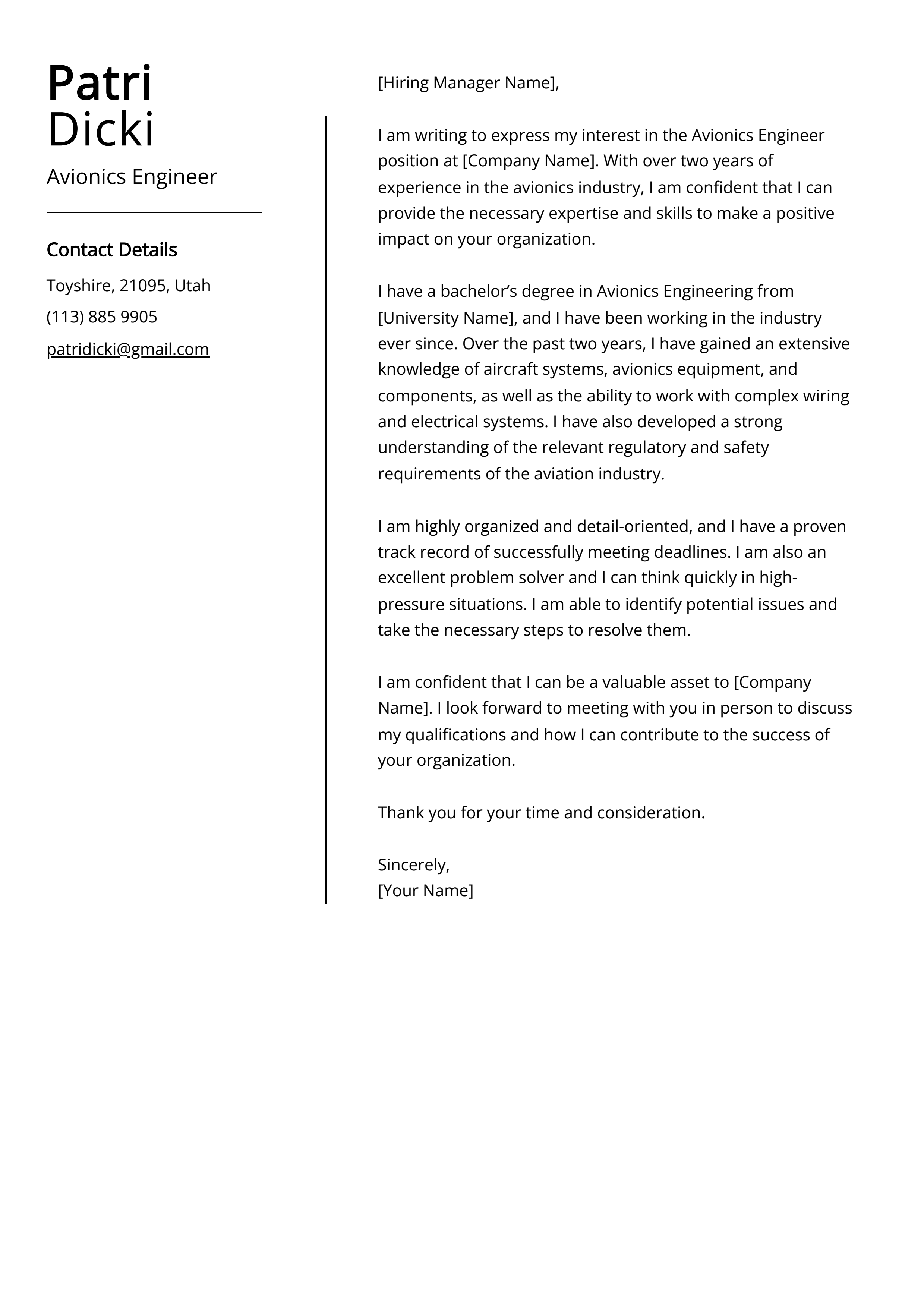 Avionics Engineer Cover Letter Example