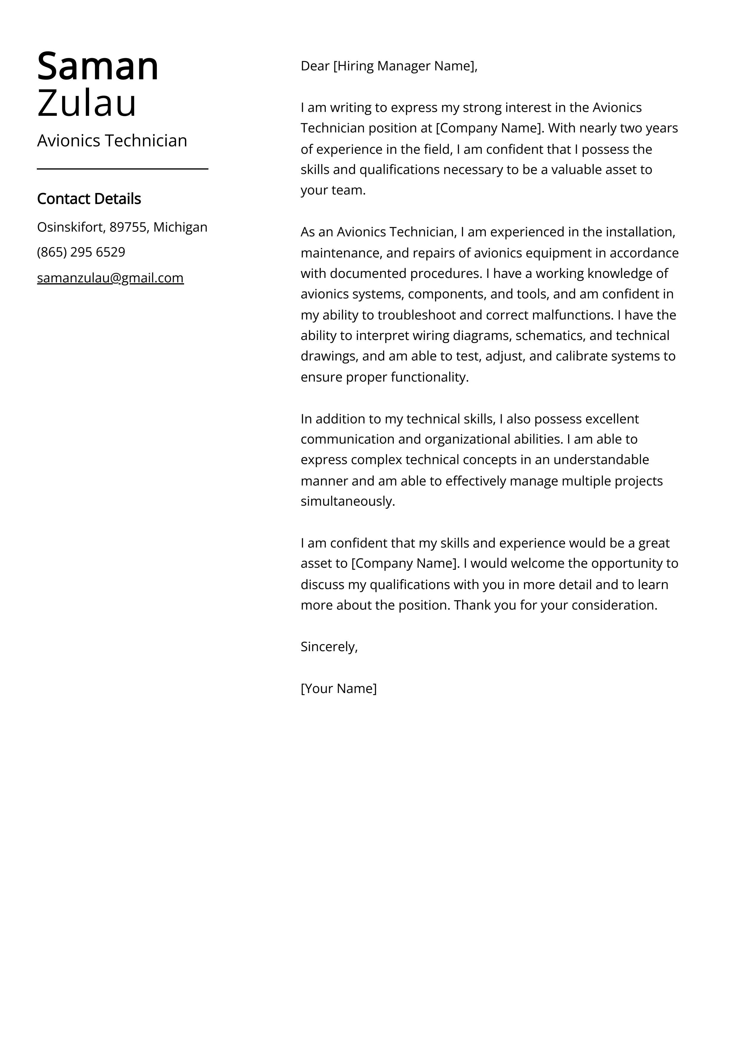 Avionics Technician Cover Letter Example