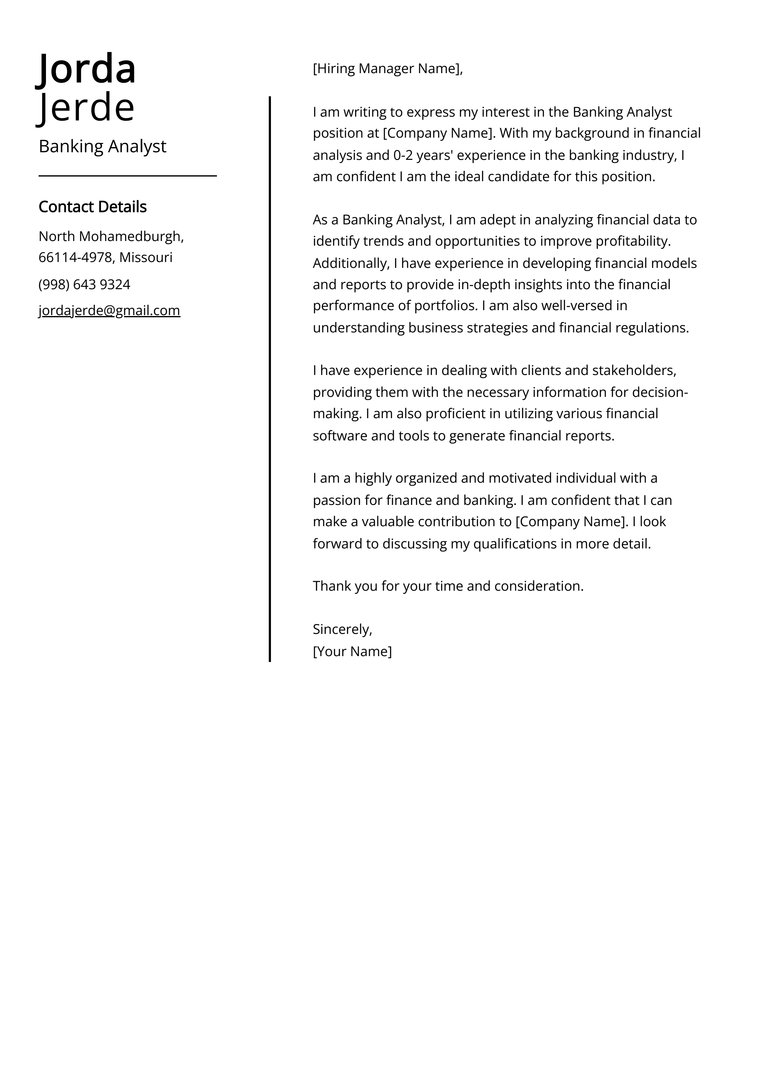 Banking Analyst Cover Letter Example