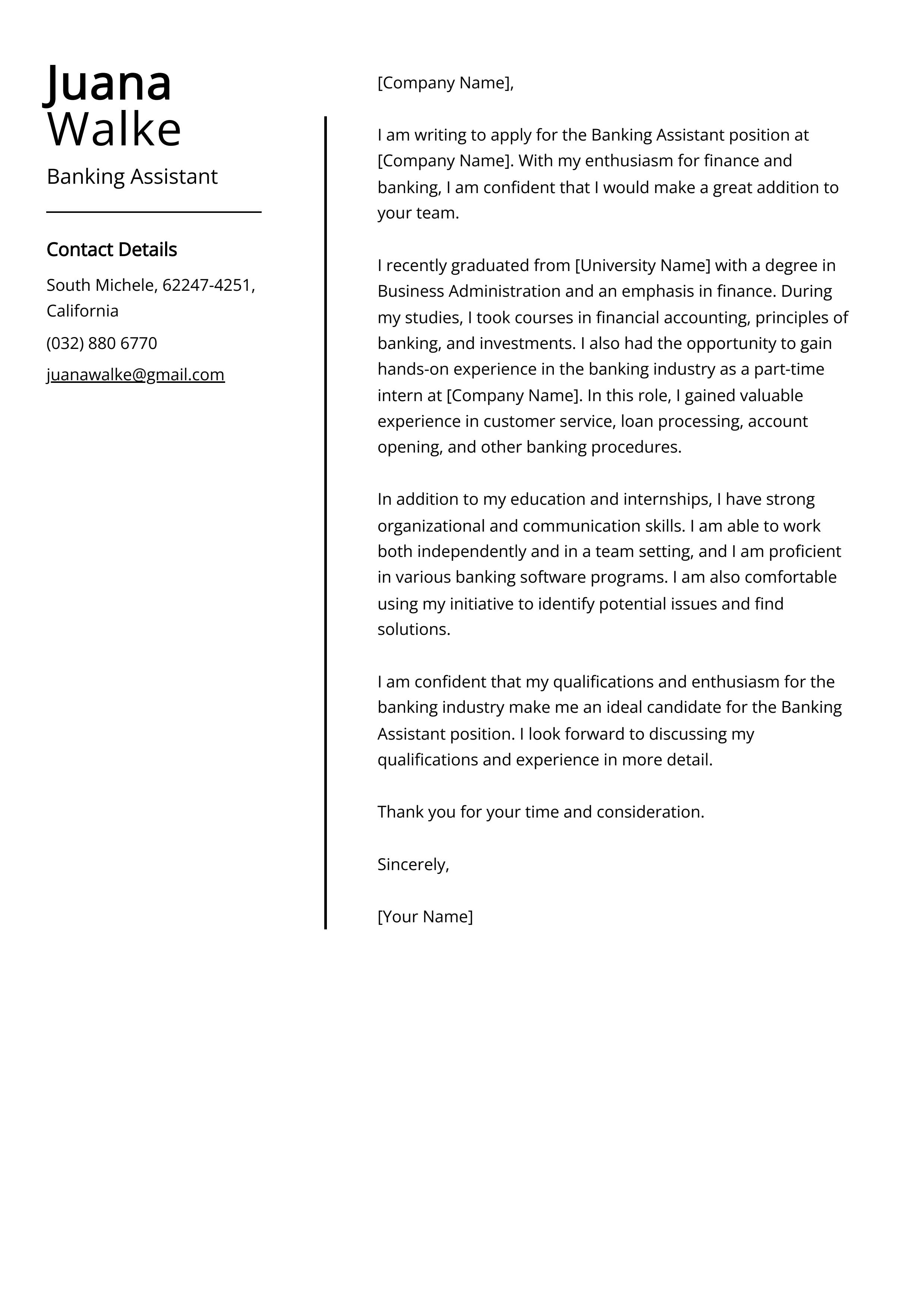 Banking Assistant Cover Letter Example