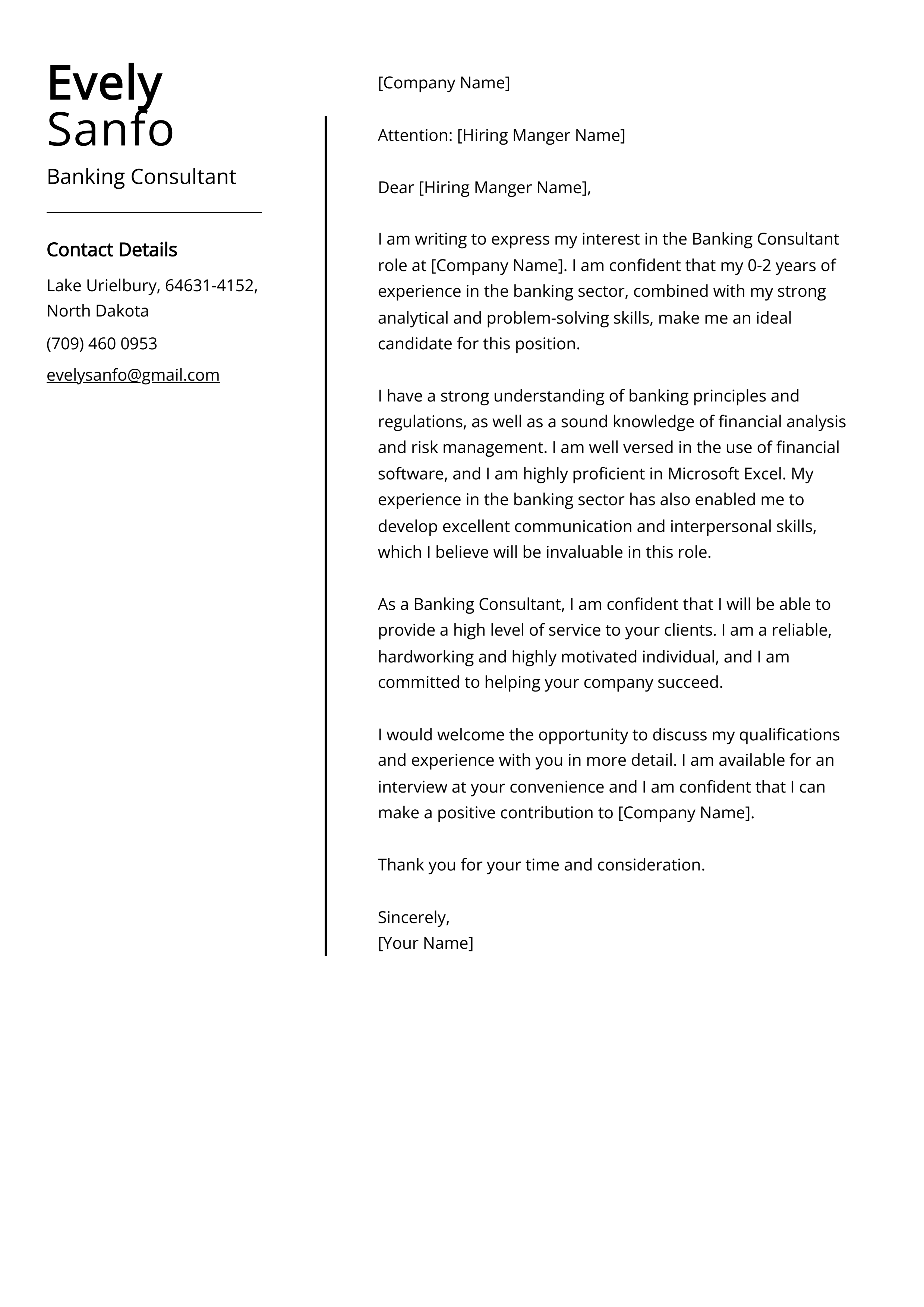 Banking Consultant Cover Letter Example